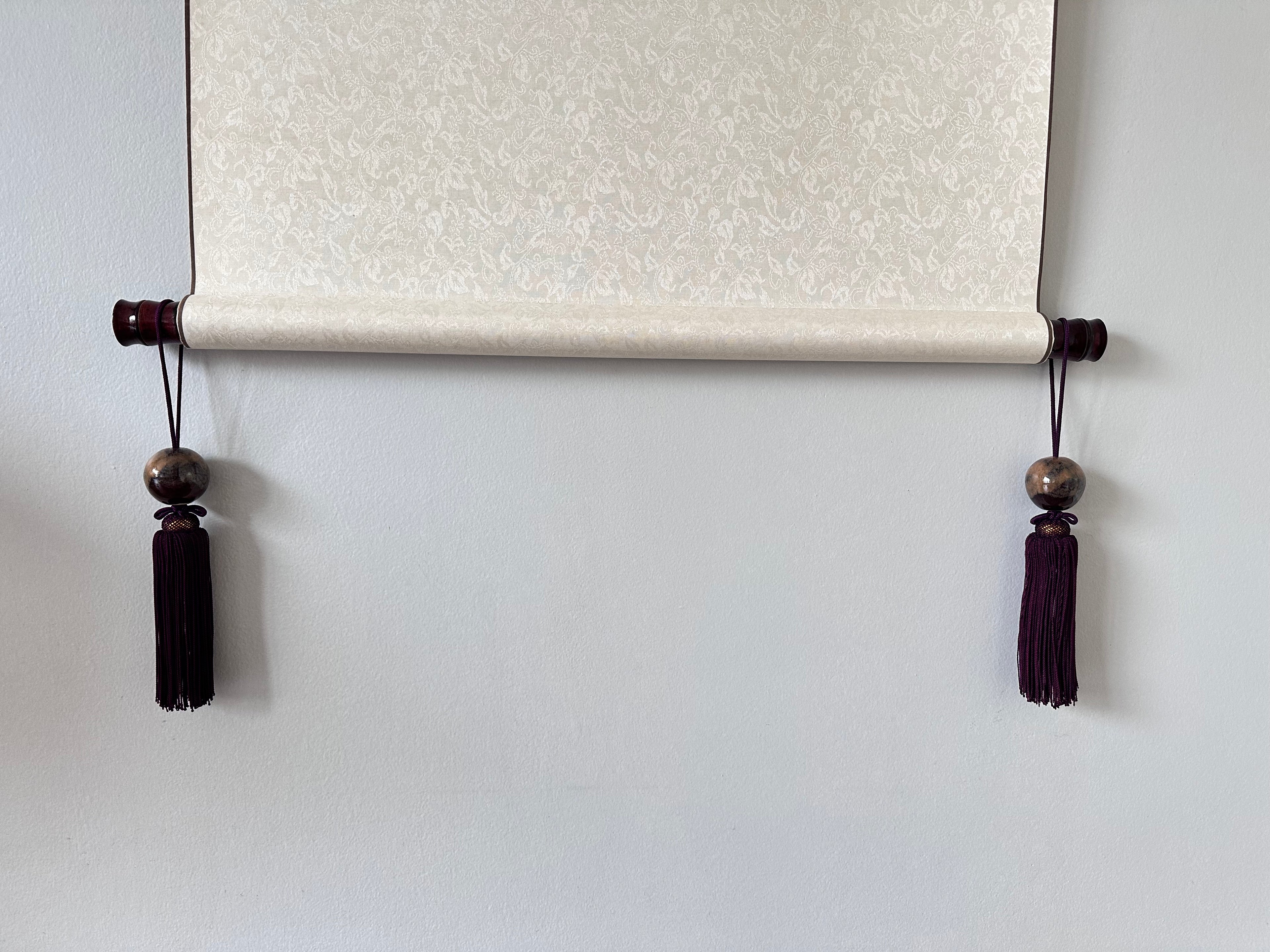 Natural Stone Fūchin with Burgundy Tassels – Japanese Scroll Weight Pair, Earth-Tone Marble Sphere