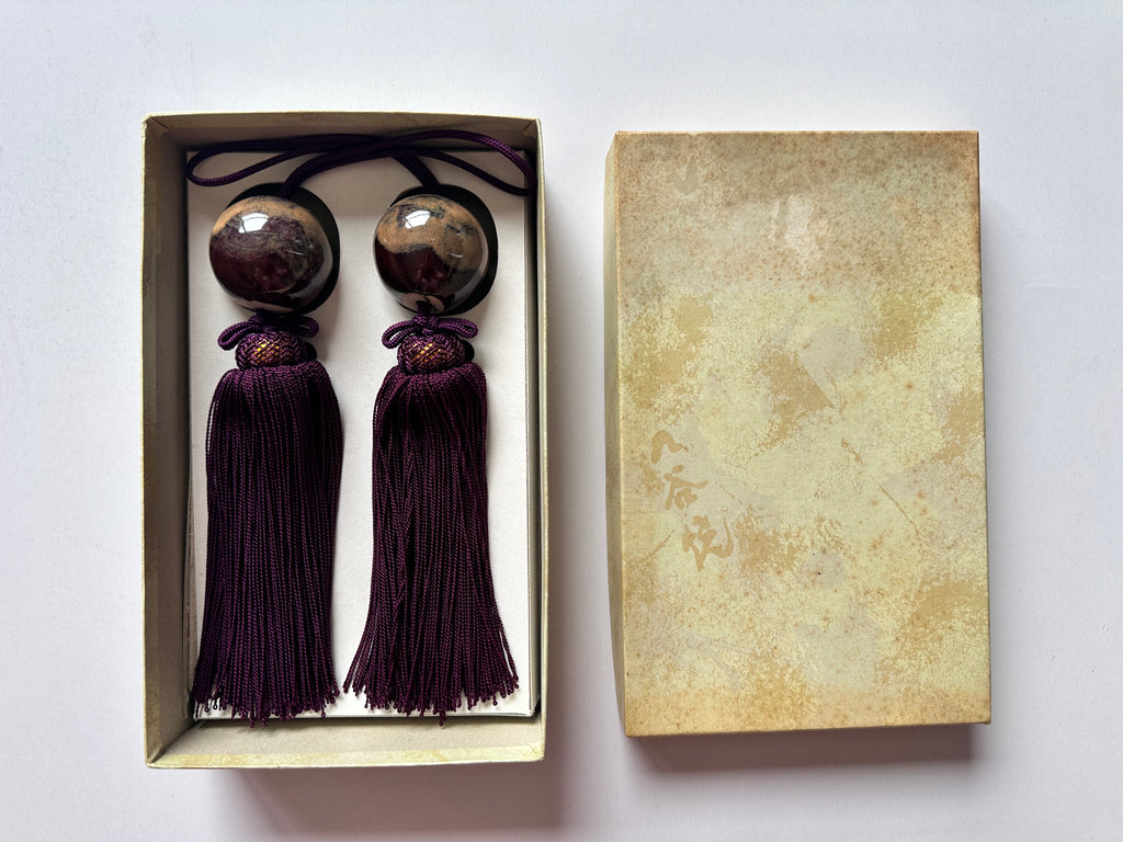 Natural Stone Fūchin with Burgundy Tassels – Japanese Scroll Weight Pair, Earth-Tone Marble Sphere