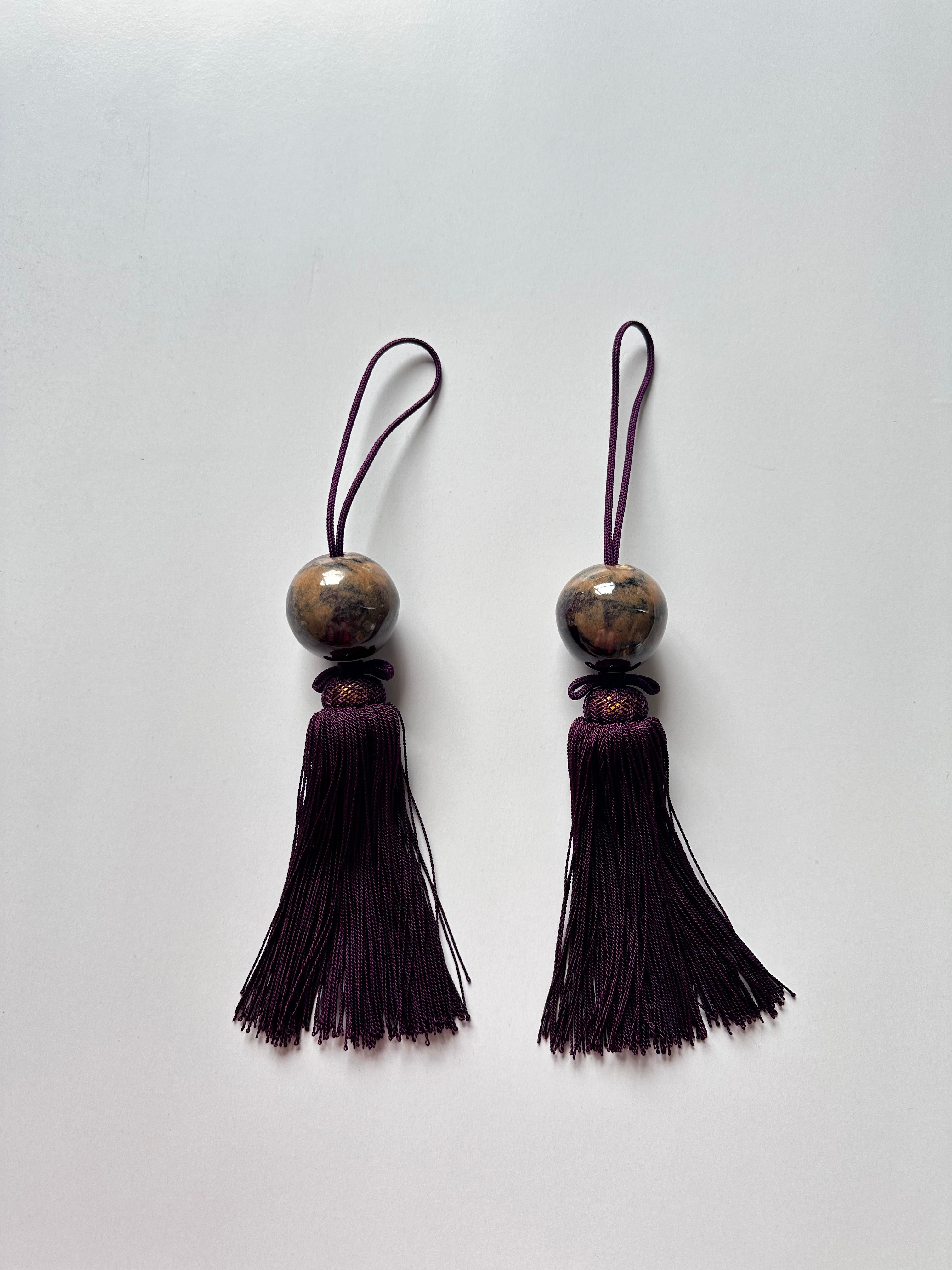 Natural Stone Fūchin with Burgundy Tassels – Japanese Scroll Weight Pair, Earth-Tone Marble Sphere