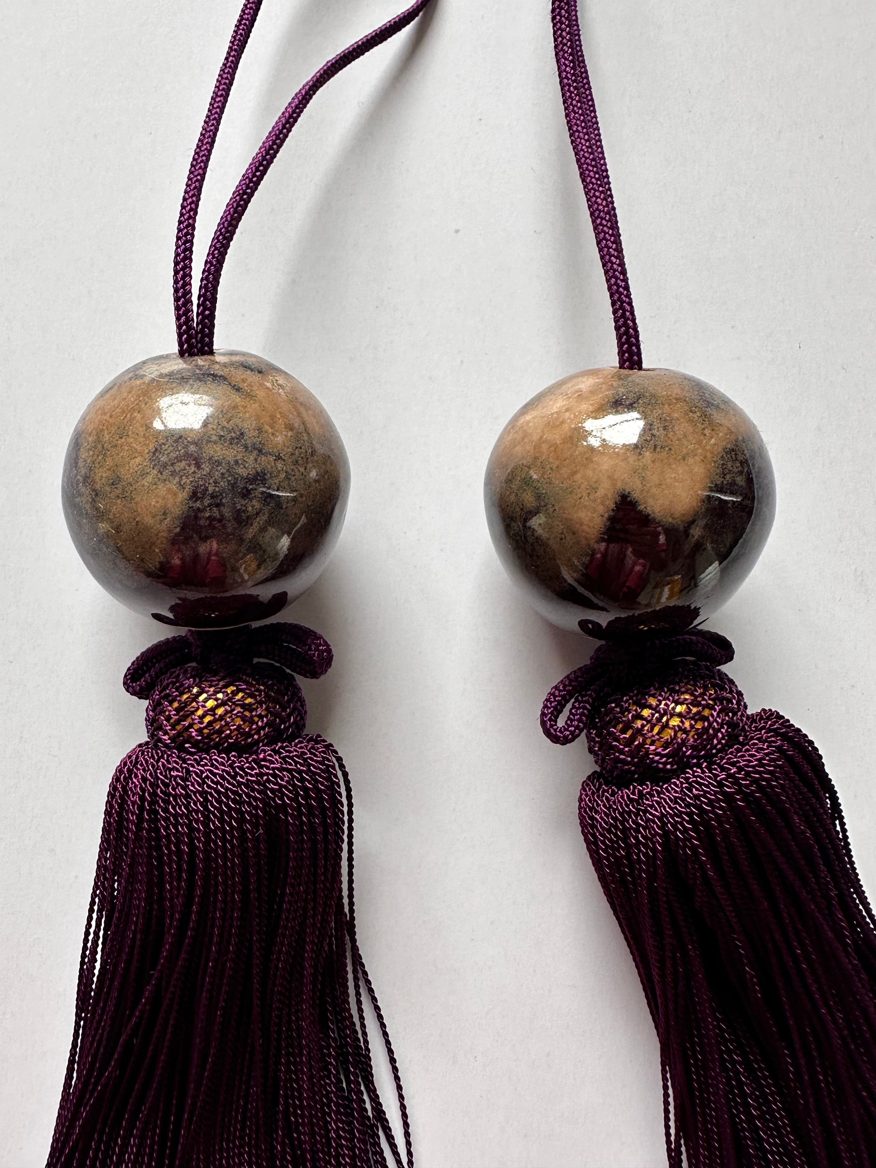Natural Stone Fūchin with Burgundy Tassels – Japanese Scroll Weight Pair, Earth-Tone Marble Sphere