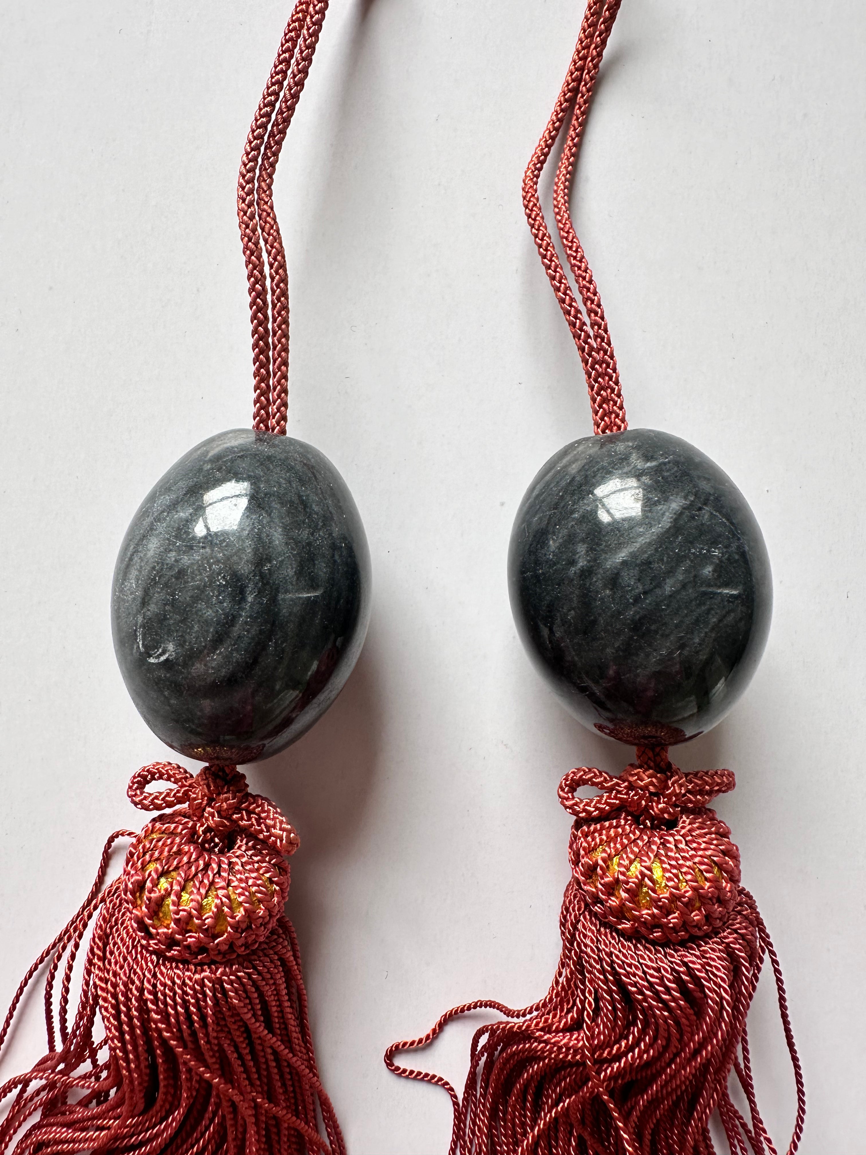 Natural Black Onyx Marble Fūchin – Japanese Scroll Weight Pair with Rust Silk Tassels | Handmade Kakemono Stone Weights