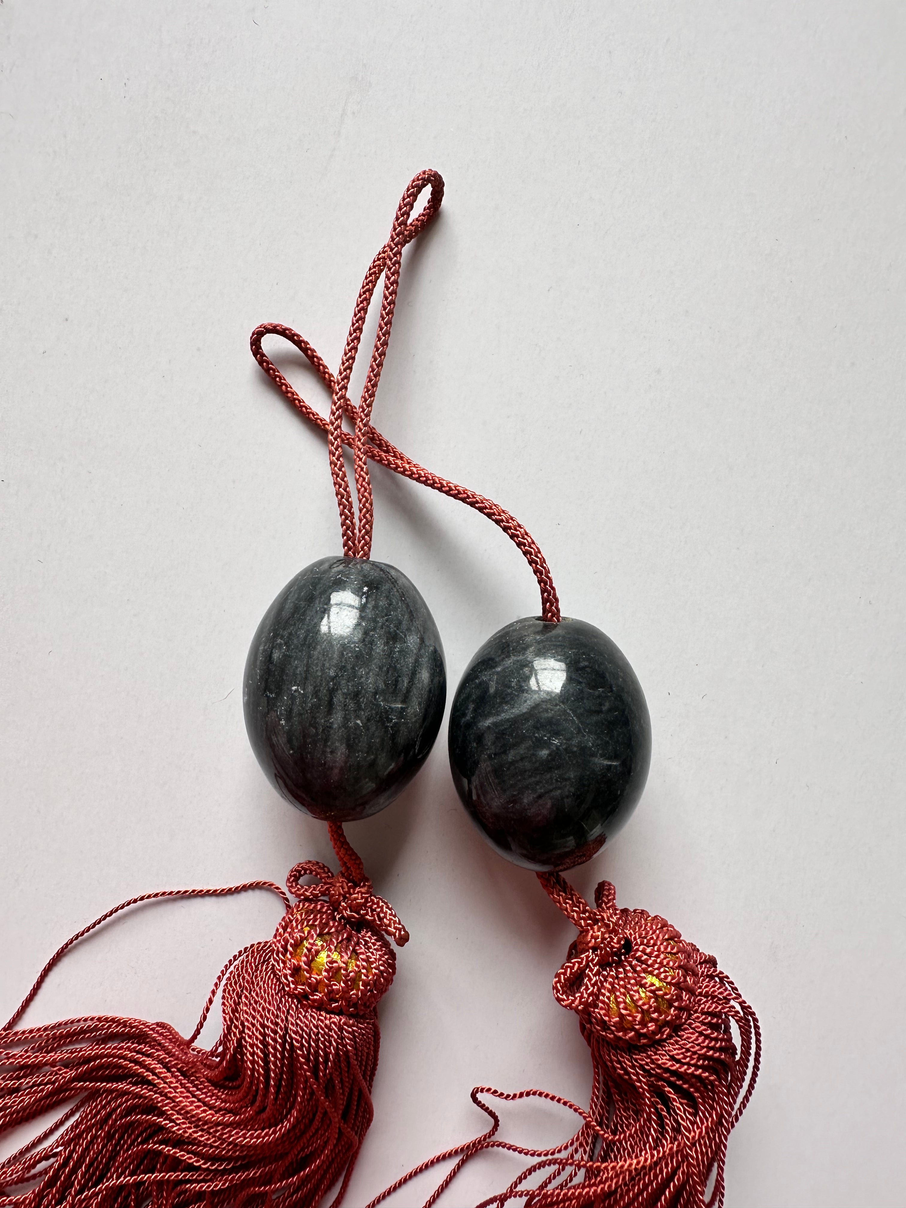 Natural Black Onyx Marble Fūchin – Japanese Scroll Weight Pair with Rust Silk Tassels | Handmade Kakemono Stone Weights