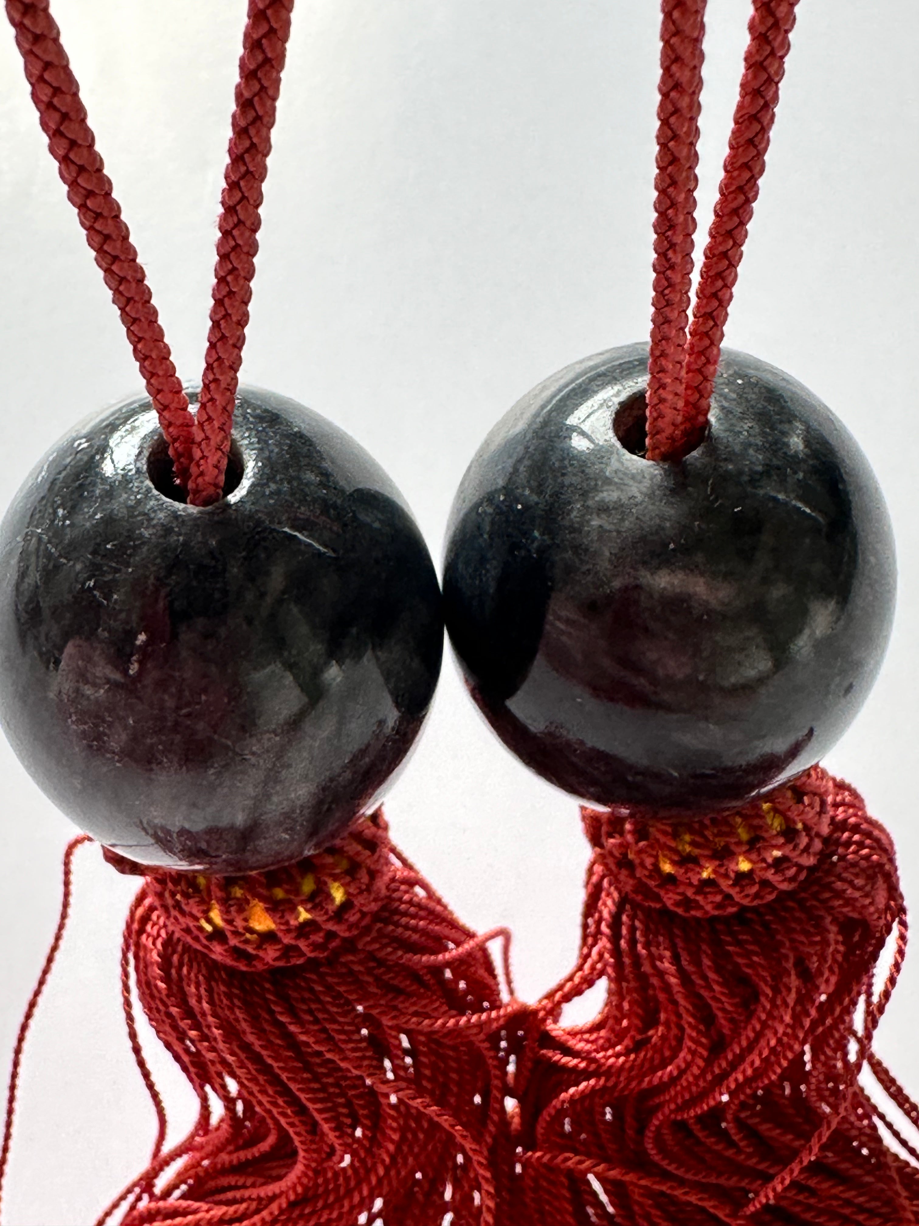 Natural Black Onyx Marble Fūchin – Japanese Scroll Weight Pair with Rust Silk Tassels | Handmade Kakemono Stone Weights