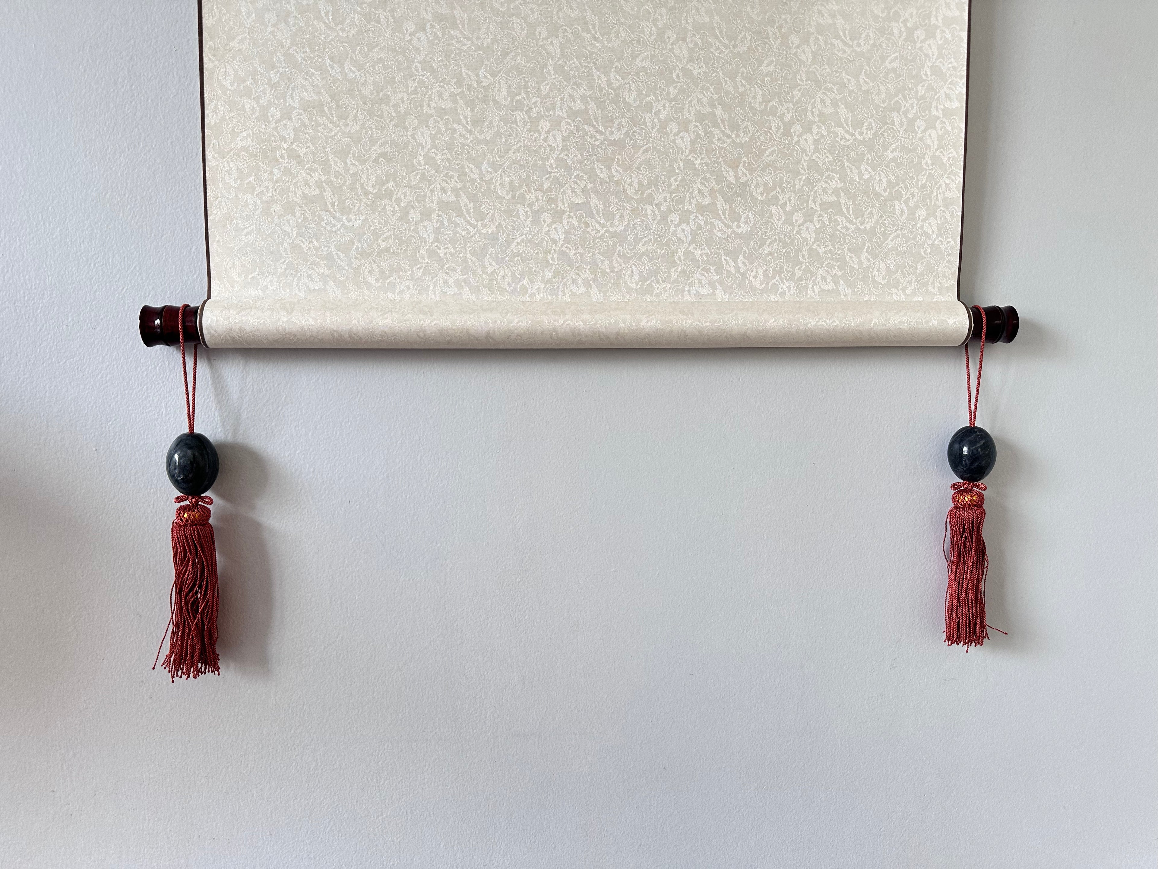 Natural Black Onyx Marble Fūchin – Japanese Scroll Weight Pair with Rust Silk Tassels | Handmade Kakemono Stone Weights