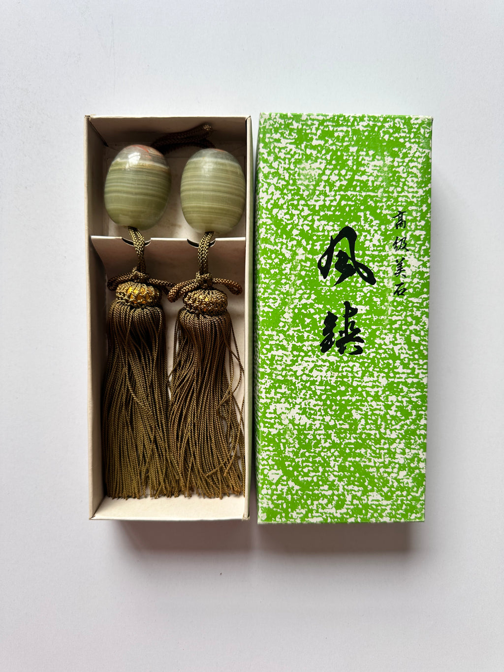 Japanese Fūchin Scroll Weight Pair – Natural Green Onyx Stone with Handmade Tassels