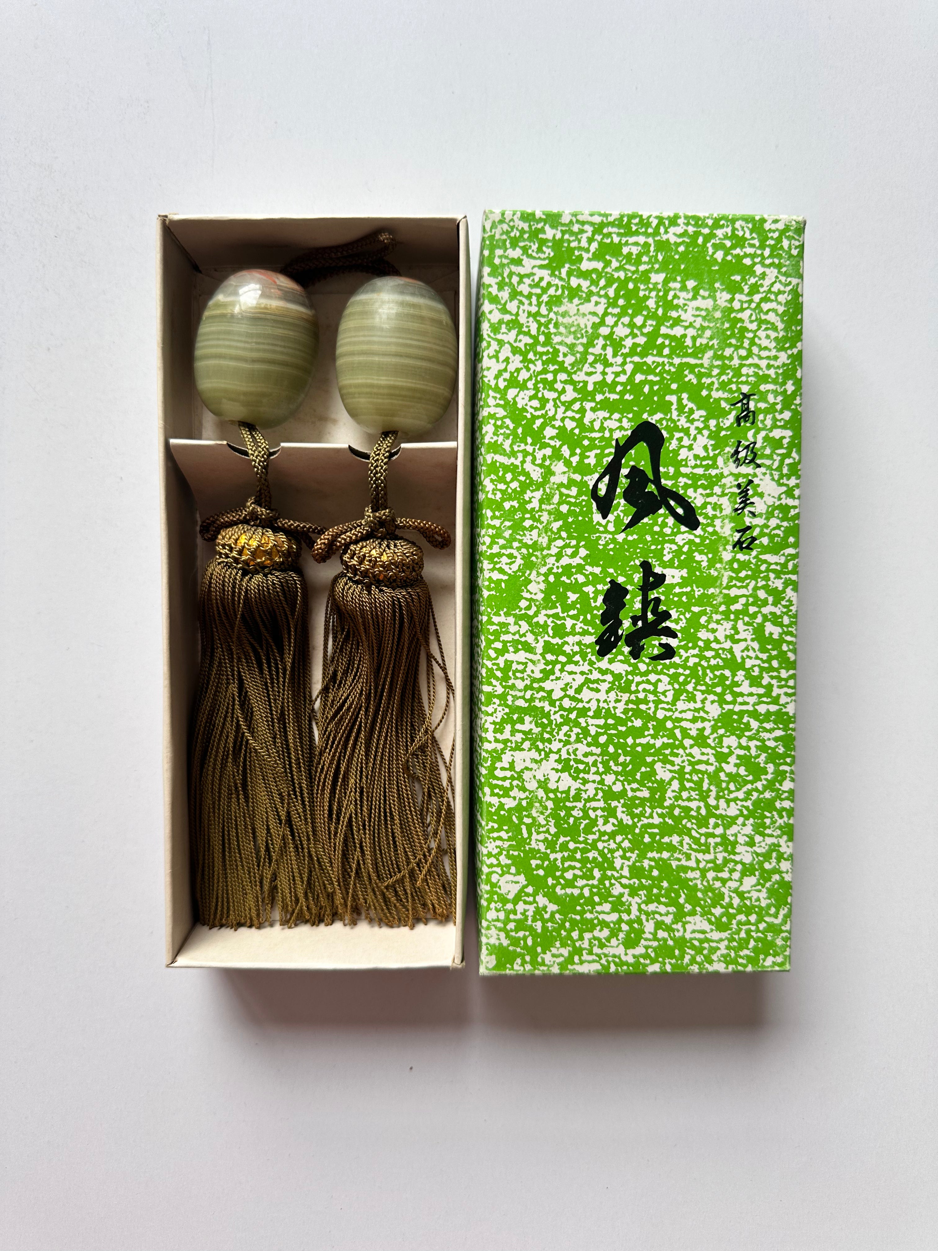 Japanese Fūchin Scroll Weight Pair – Natural Green Onyx Stone with Handmade Tassels