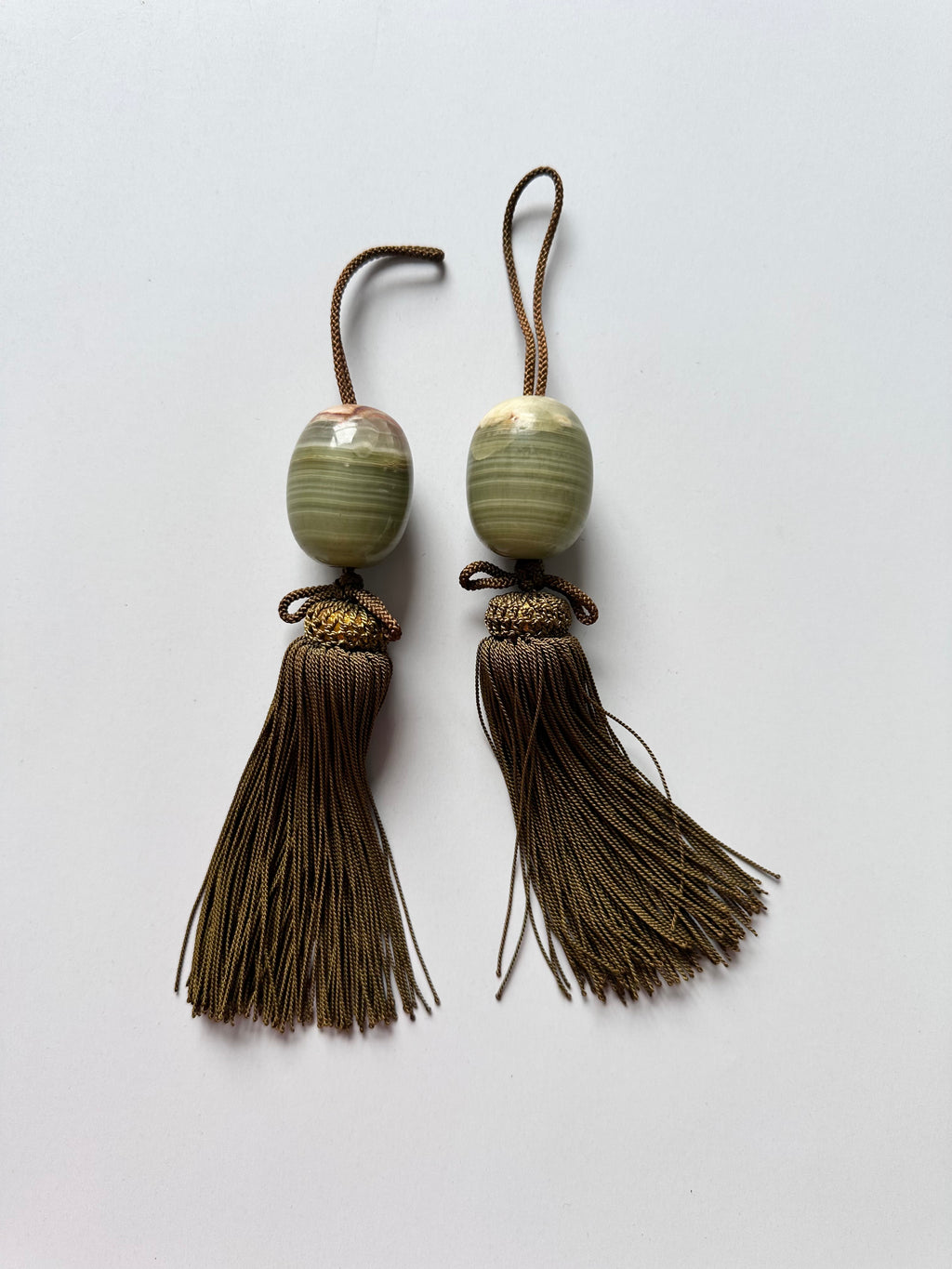 Japanese Fūchin Scroll Weight Pair – Natural Green Onyx Stone with Handmade Tassels