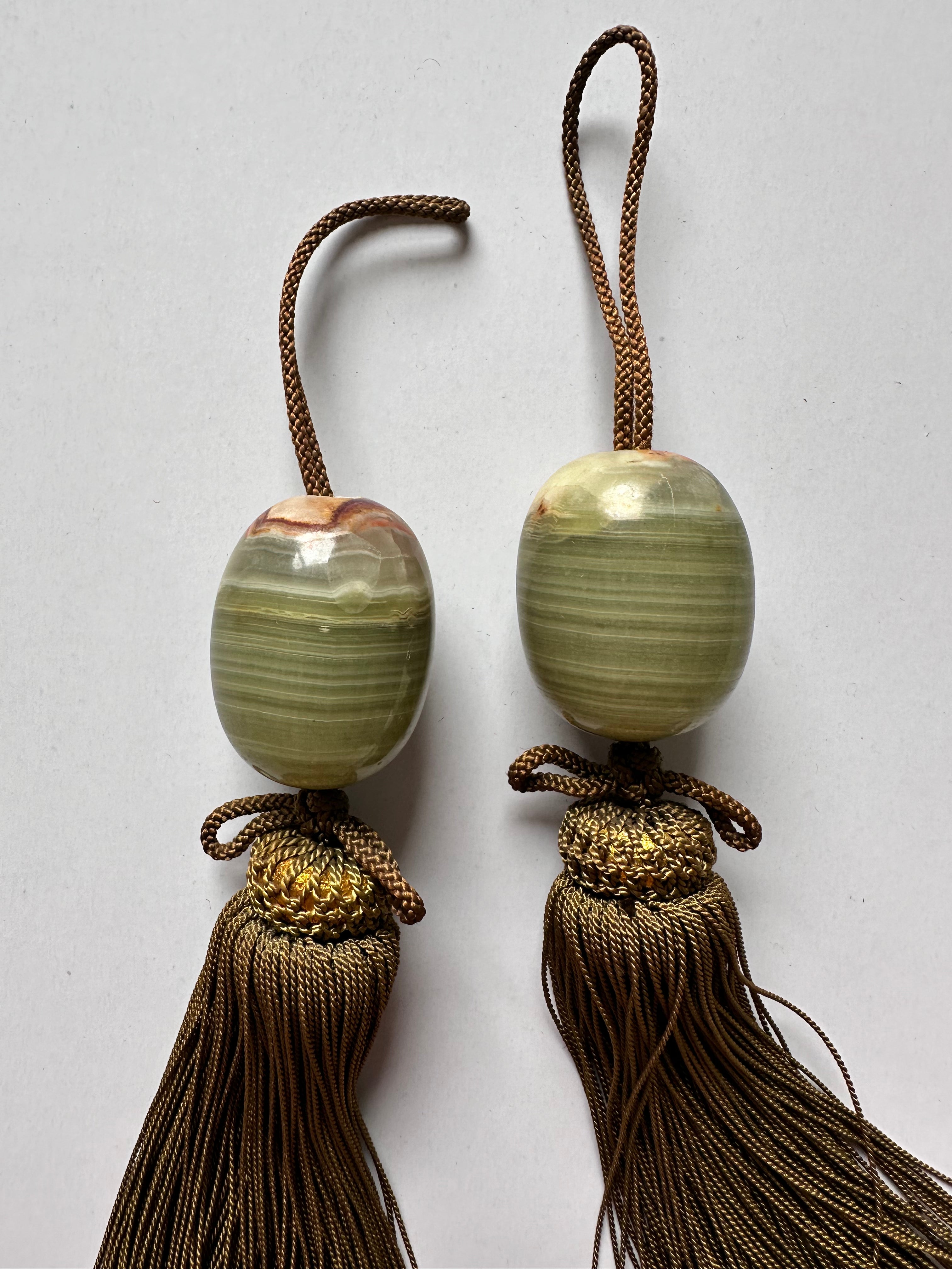 Japanese Fūchin Scroll Weight Pair – Natural Green Onyx Stone with Handmade Tassels