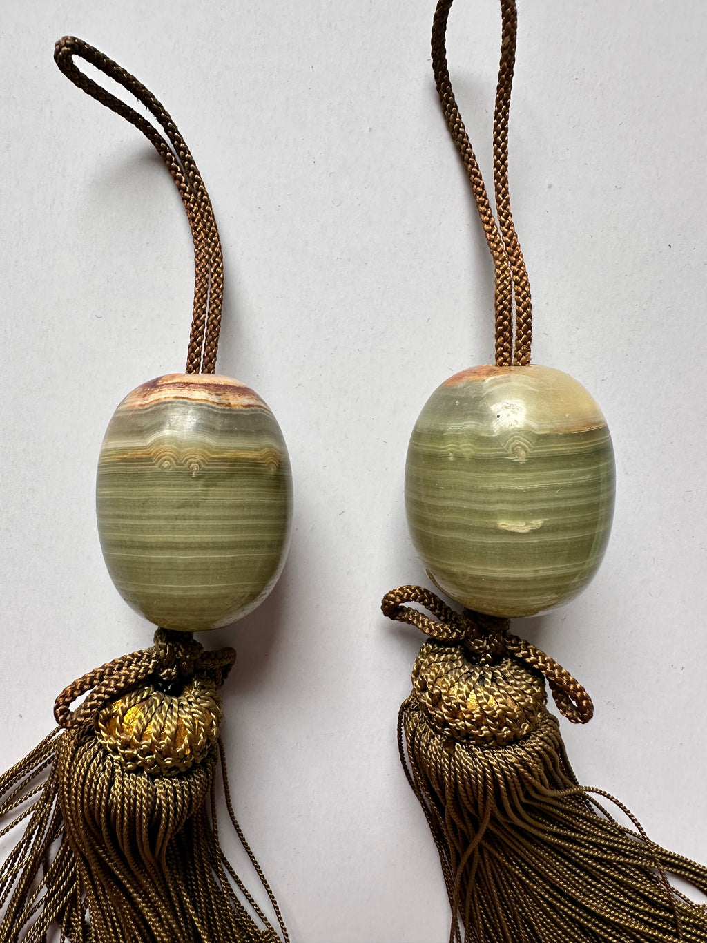 Japanese Fūchin Scroll Weight Pair – Natural Green Onyx Stone with Handmade Tassels
