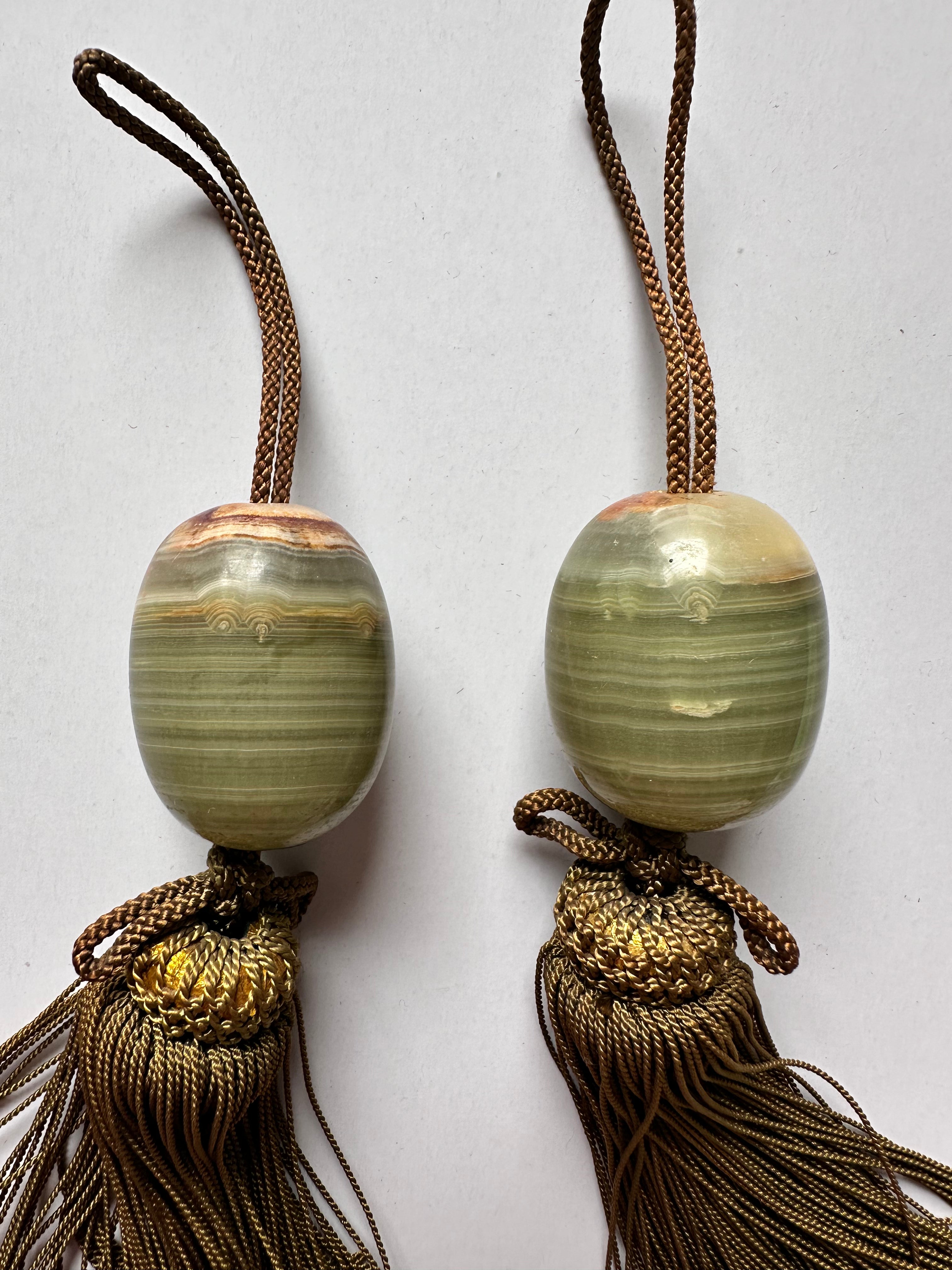 Japanese Fūchin Scroll Weight Pair – Natural Green Onyx Stone with Handmade Tassels