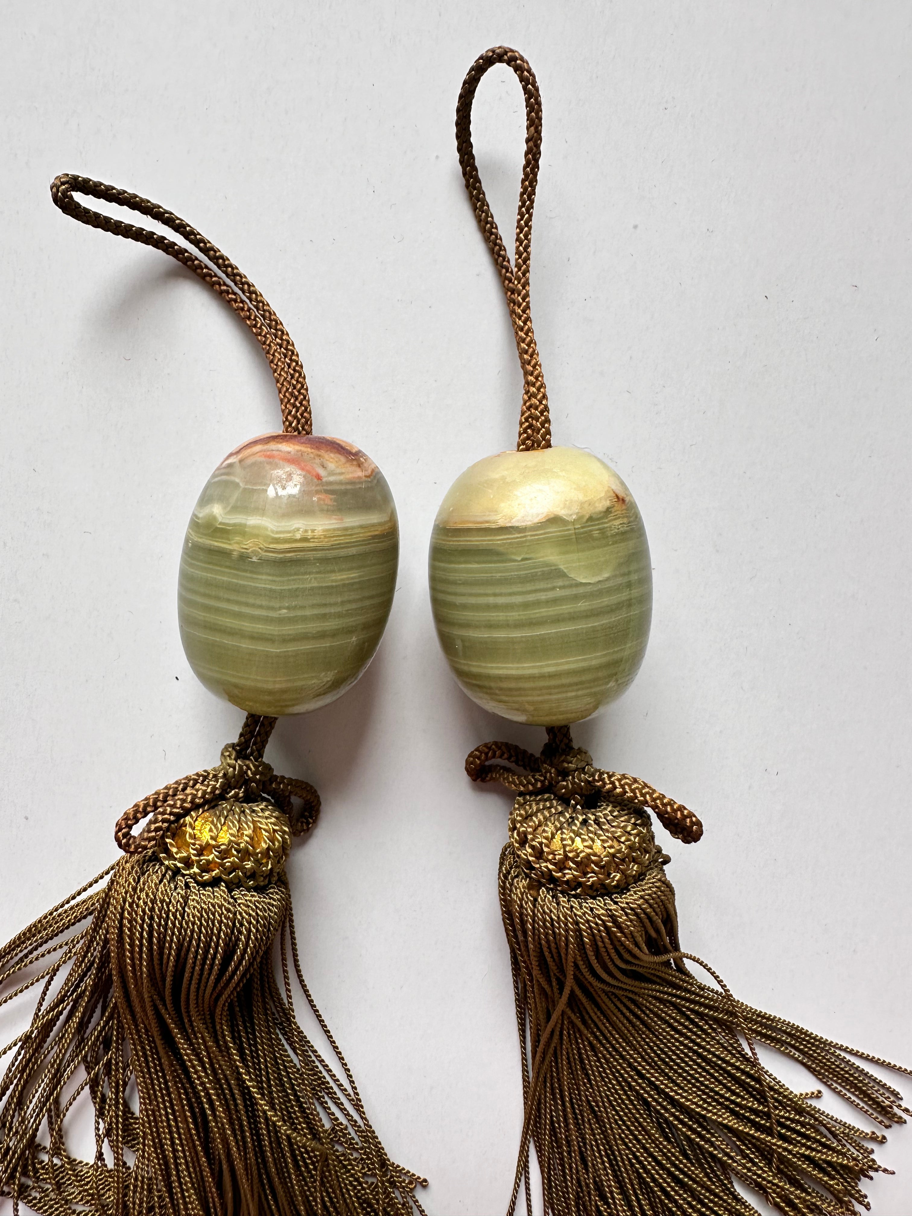 Japanese Fūchin Scroll Weight Pair – Natural Green Onyx Stone with Handmade Tassels