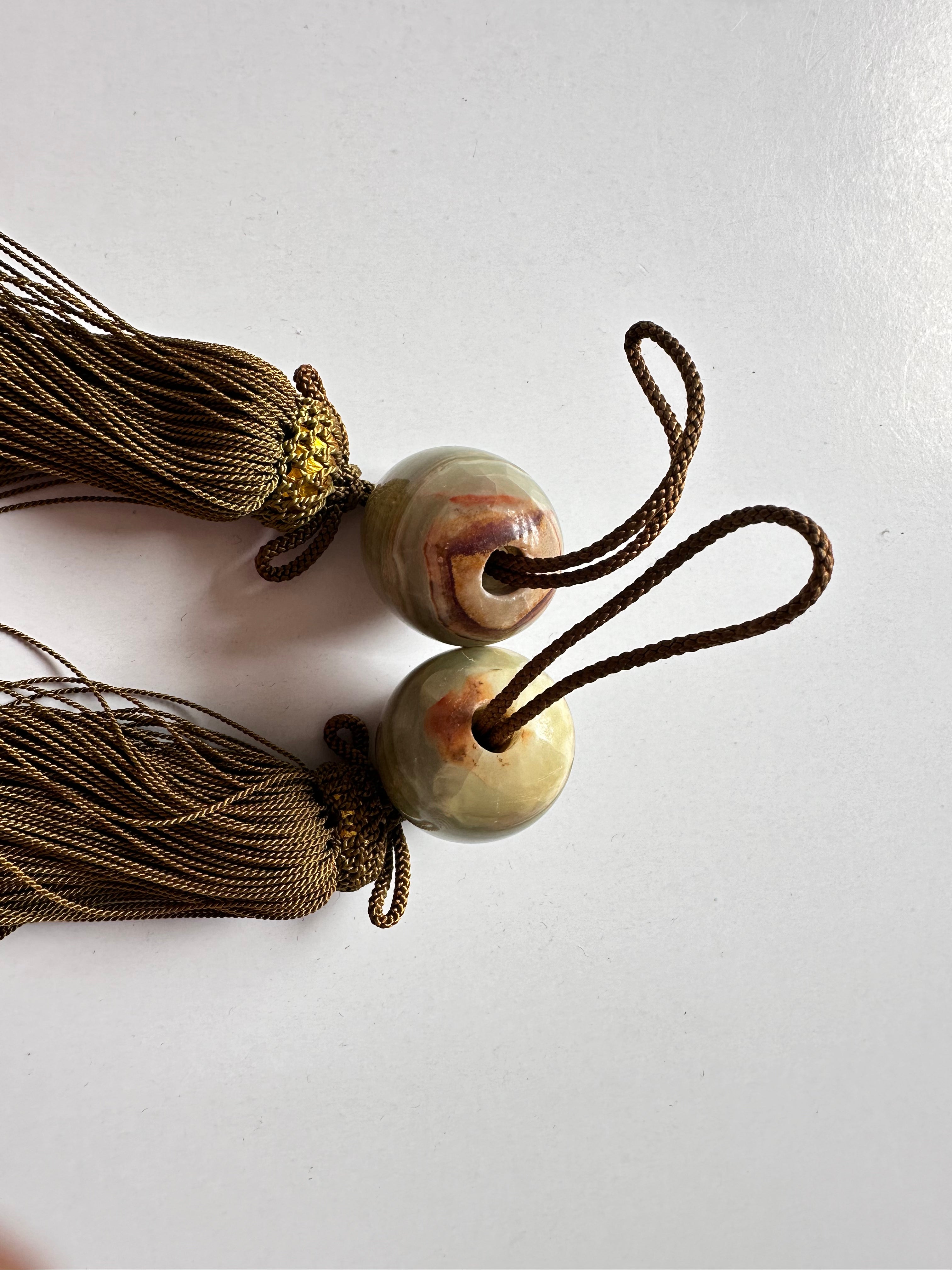 Japanese Fūchin Scroll Weight Pair – Natural Green Onyx Stone with Handmade Tassels