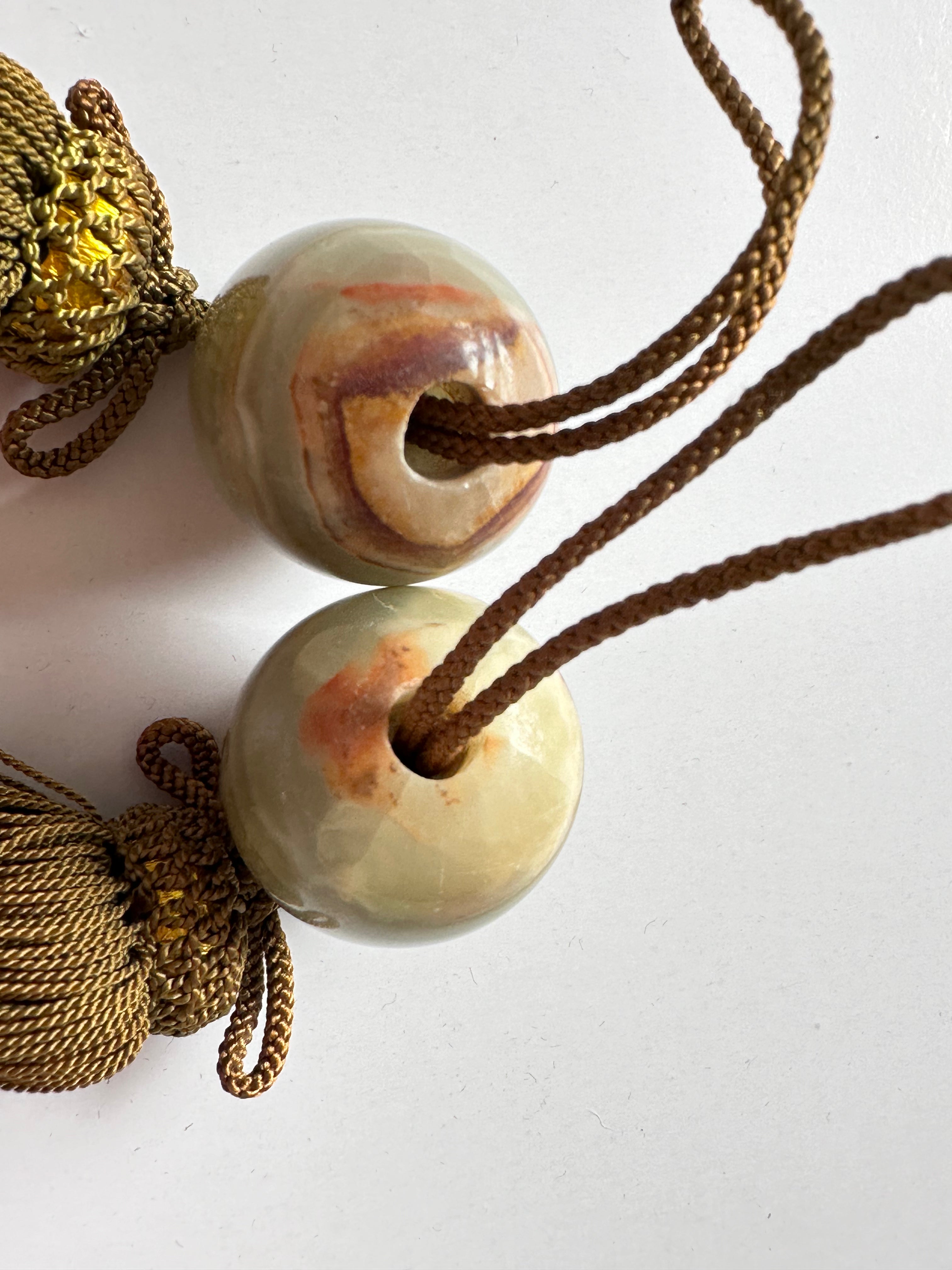 Japanese Fūchin Scroll Weight Pair – Natural Green Onyx Stone with Handmade Tassels