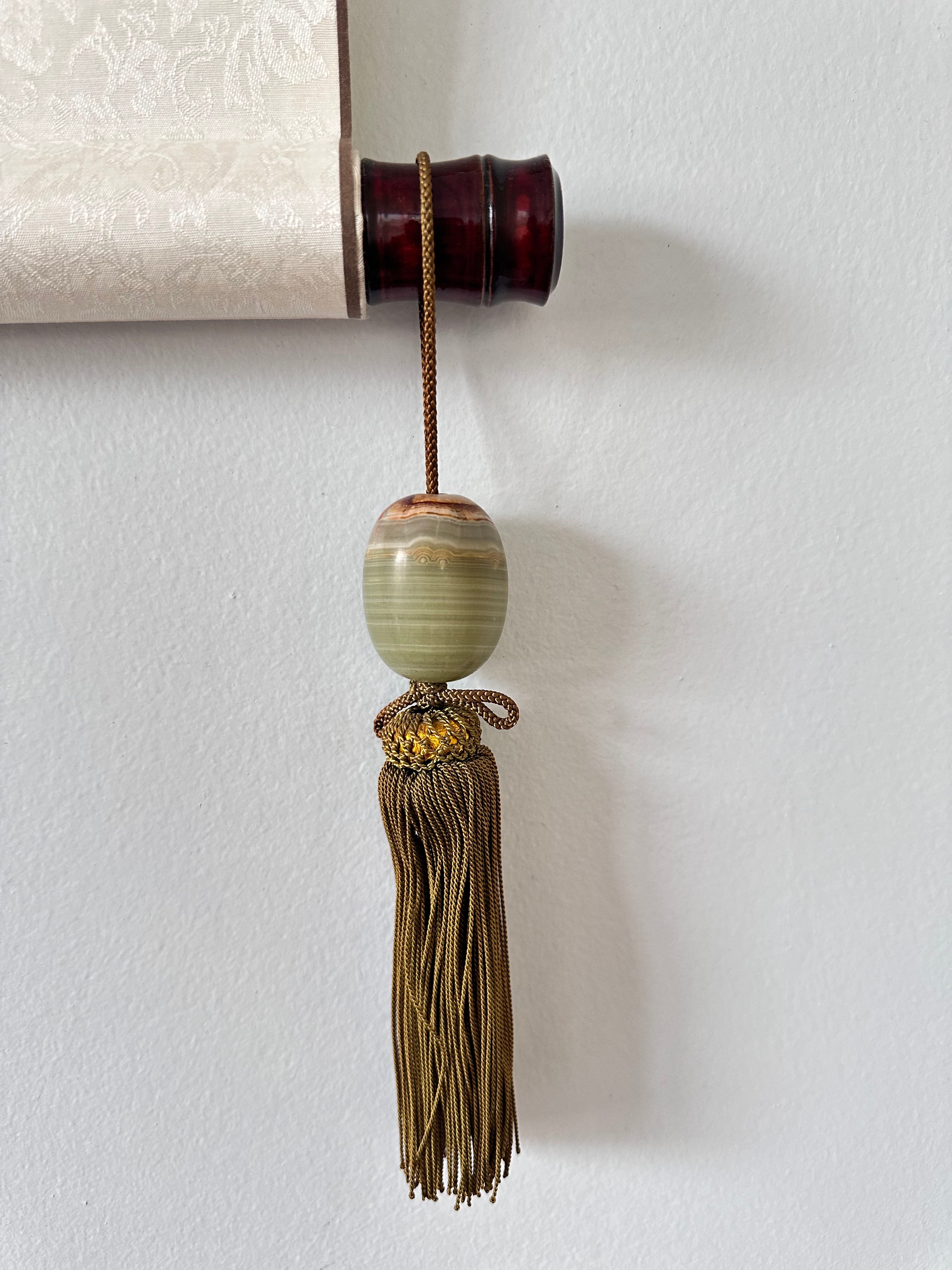 Japanese Fūchin Scroll Weight Pair – Natural Green Onyx Stone with Handmade Tassels