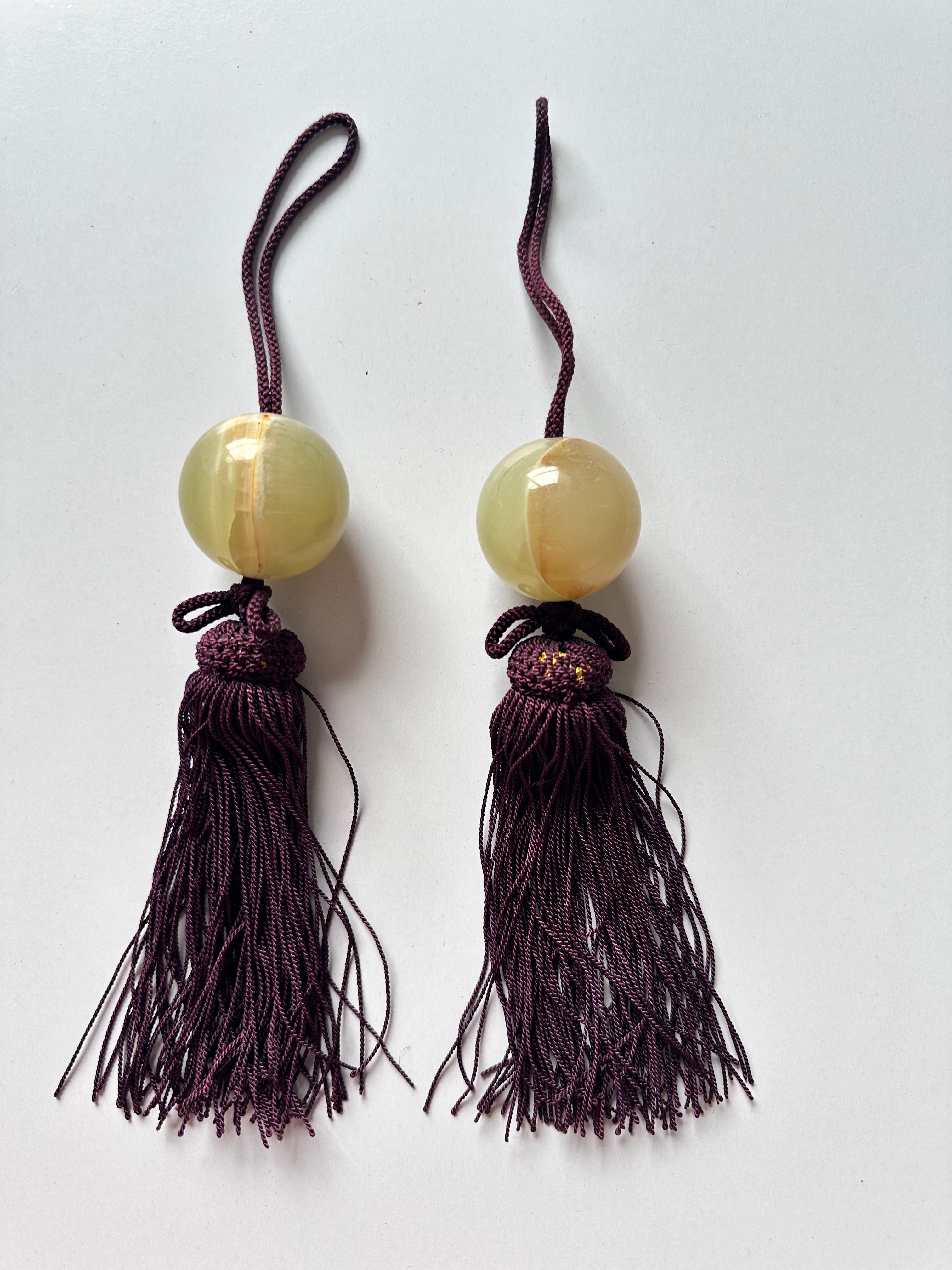 Light Honey Onyx Fūchin Scroll Weights – Burgundy Tassels | Japanese Kakemono Hanging Weights (Pair)