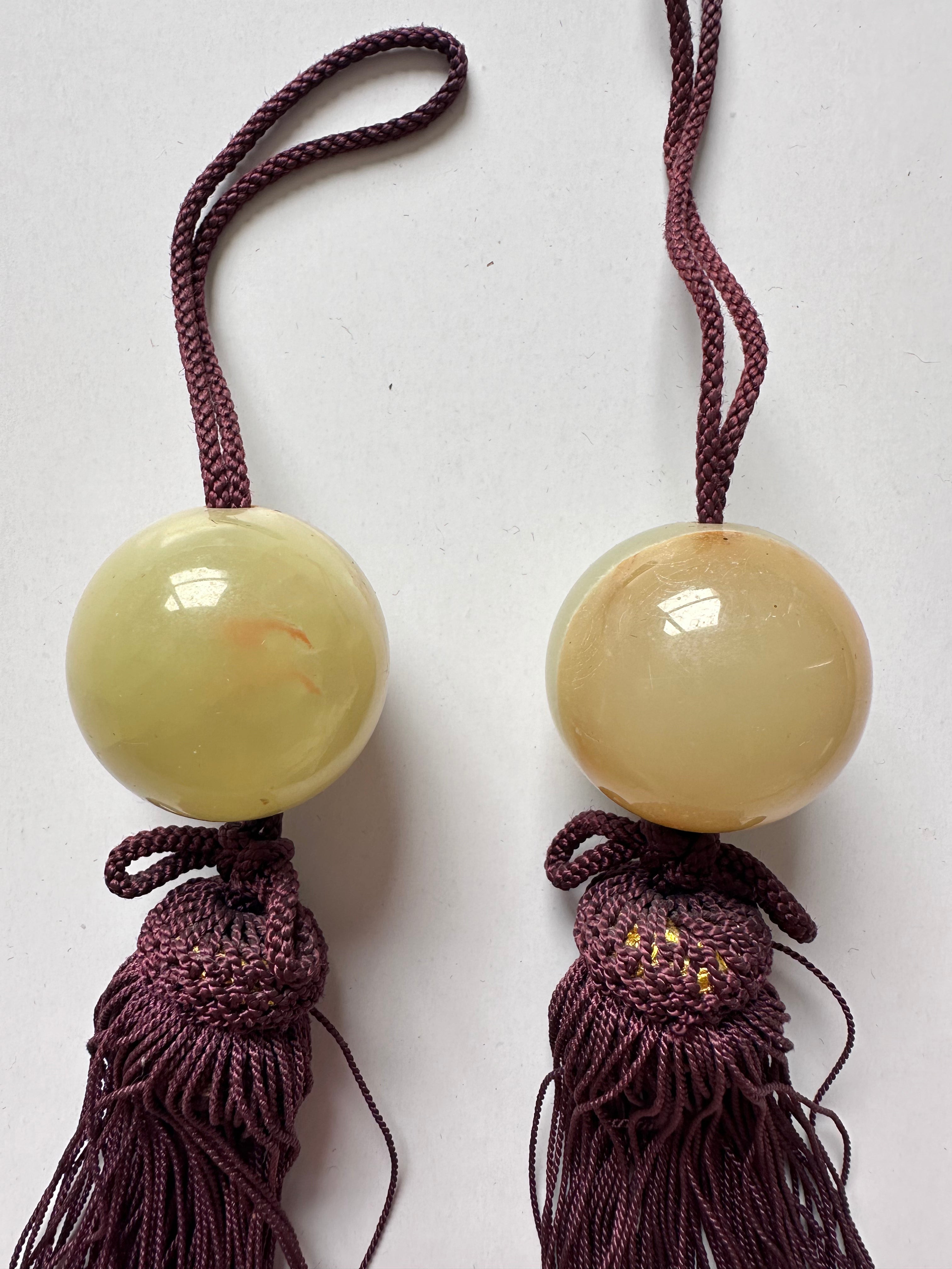 Light Honey Onyx Fūchin Scroll Weights – Burgundy Tassels | Japanese Kakemono Hanging Weights (Pair)