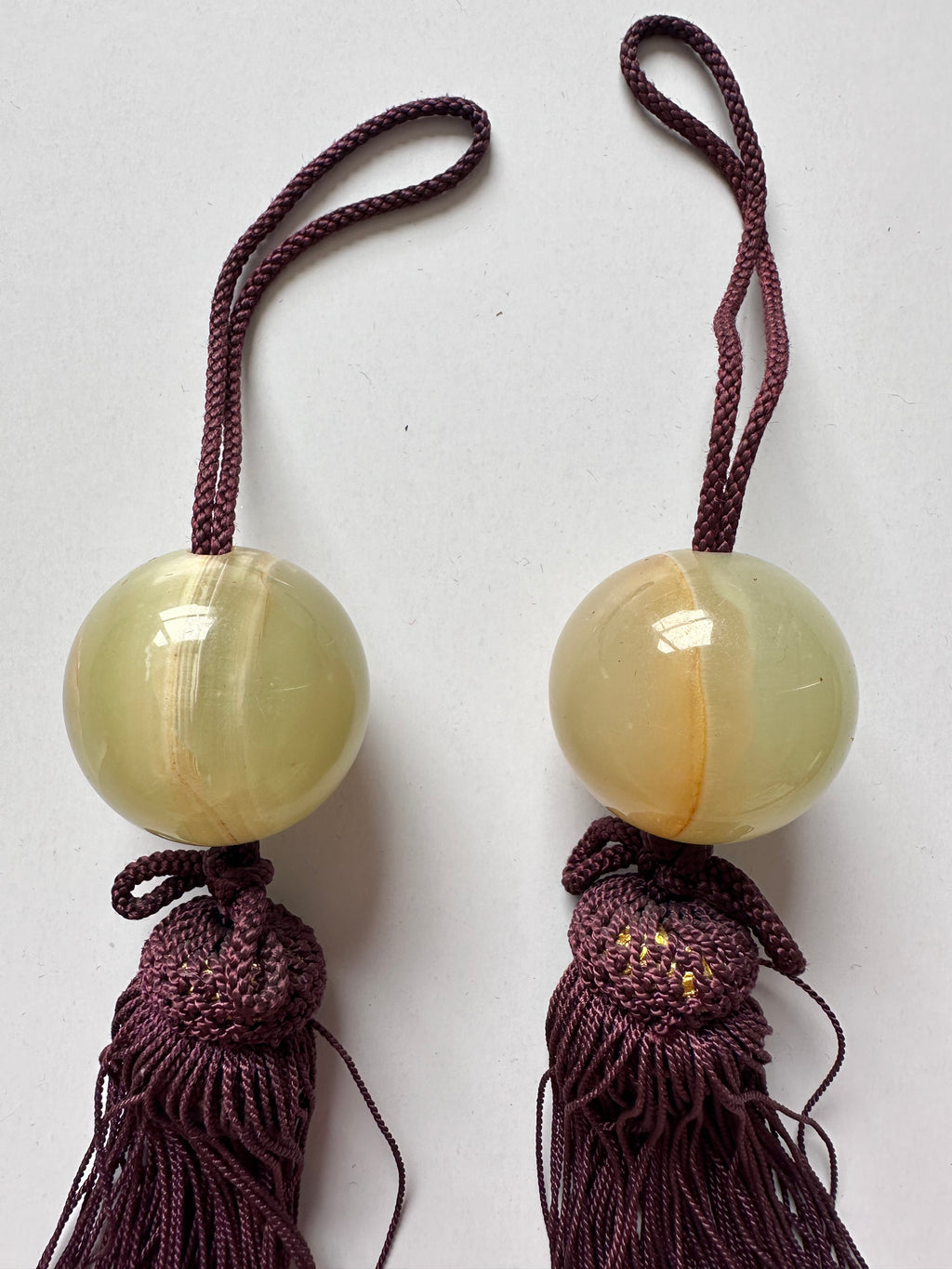 Light Honey Onyx Fūchin Scroll Weights – Burgundy Tassels | Japanese Kakemono Hanging Weights (Pair)