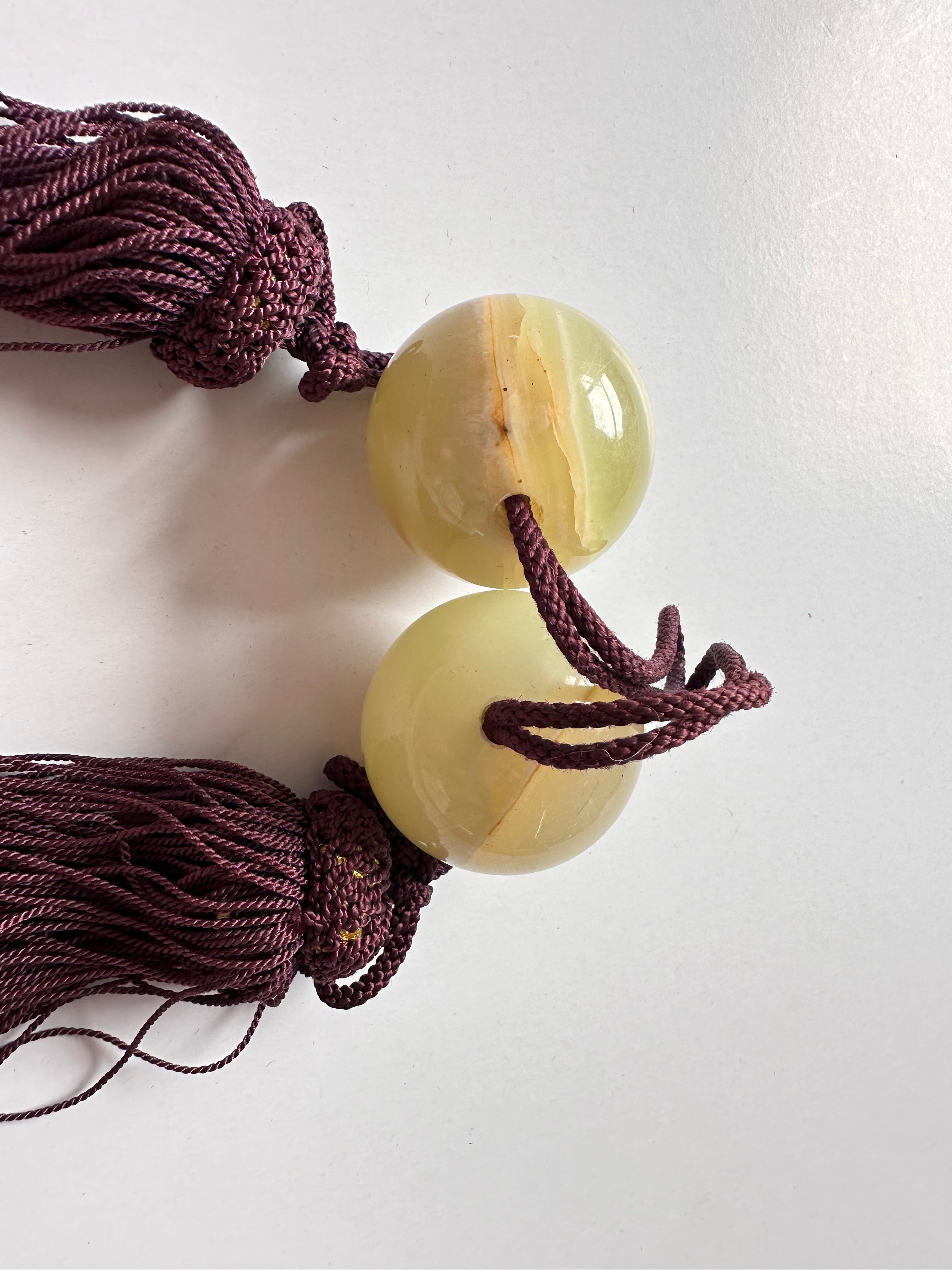Light Honey Onyx Fūchin Scroll Weights – Burgundy Tassels | Japanese Kakemono Hanging Weights (Pair)