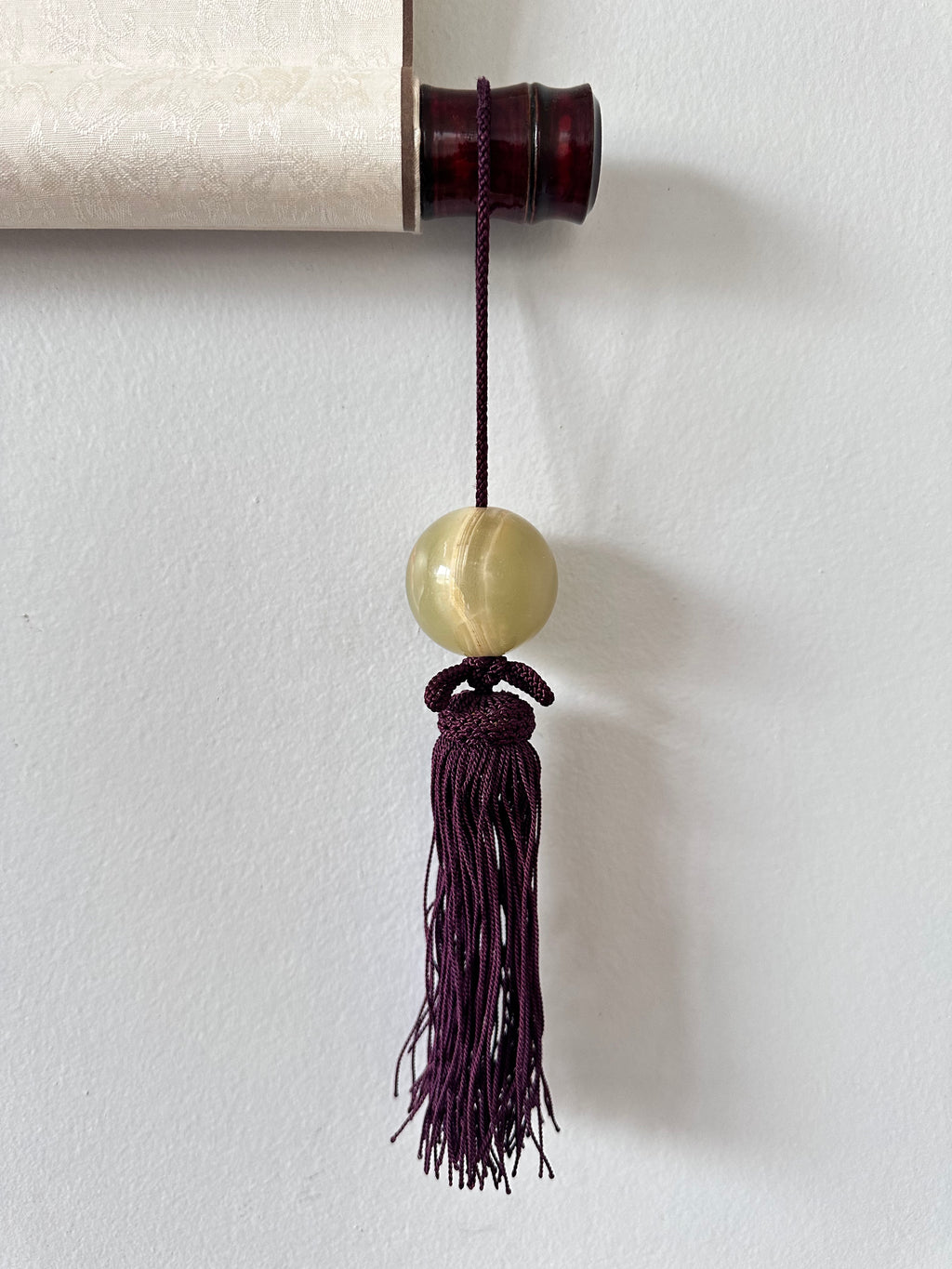 Light Honey Onyx Fūchin Scroll Weights – Burgundy Tassels | Japanese Kakemono Hanging Weights (Pair)
