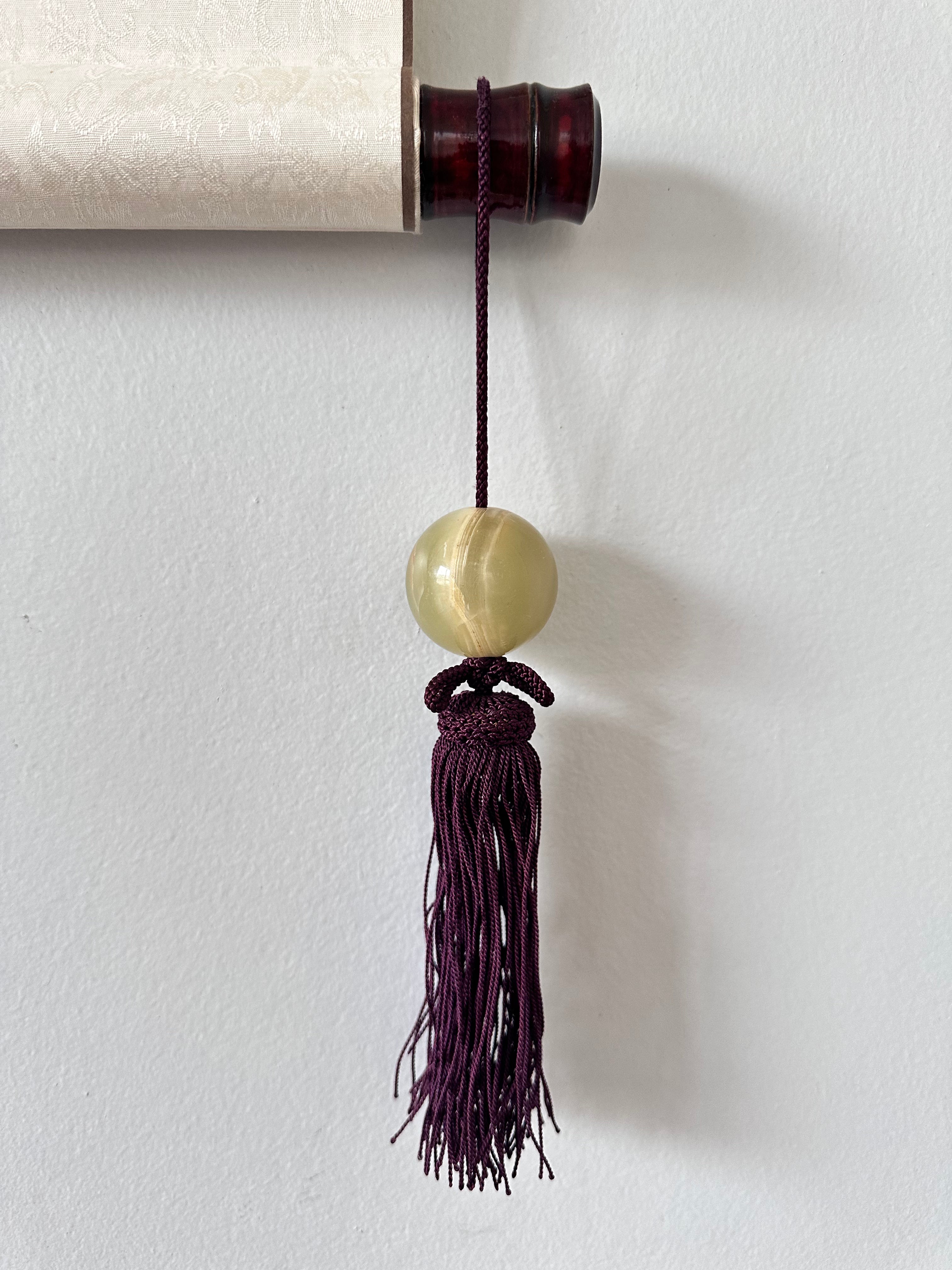 Light Honey Onyx Fūchin Scroll Weights – Burgundy Tassels | Japanese Kakemono Hanging Weights (Pair)