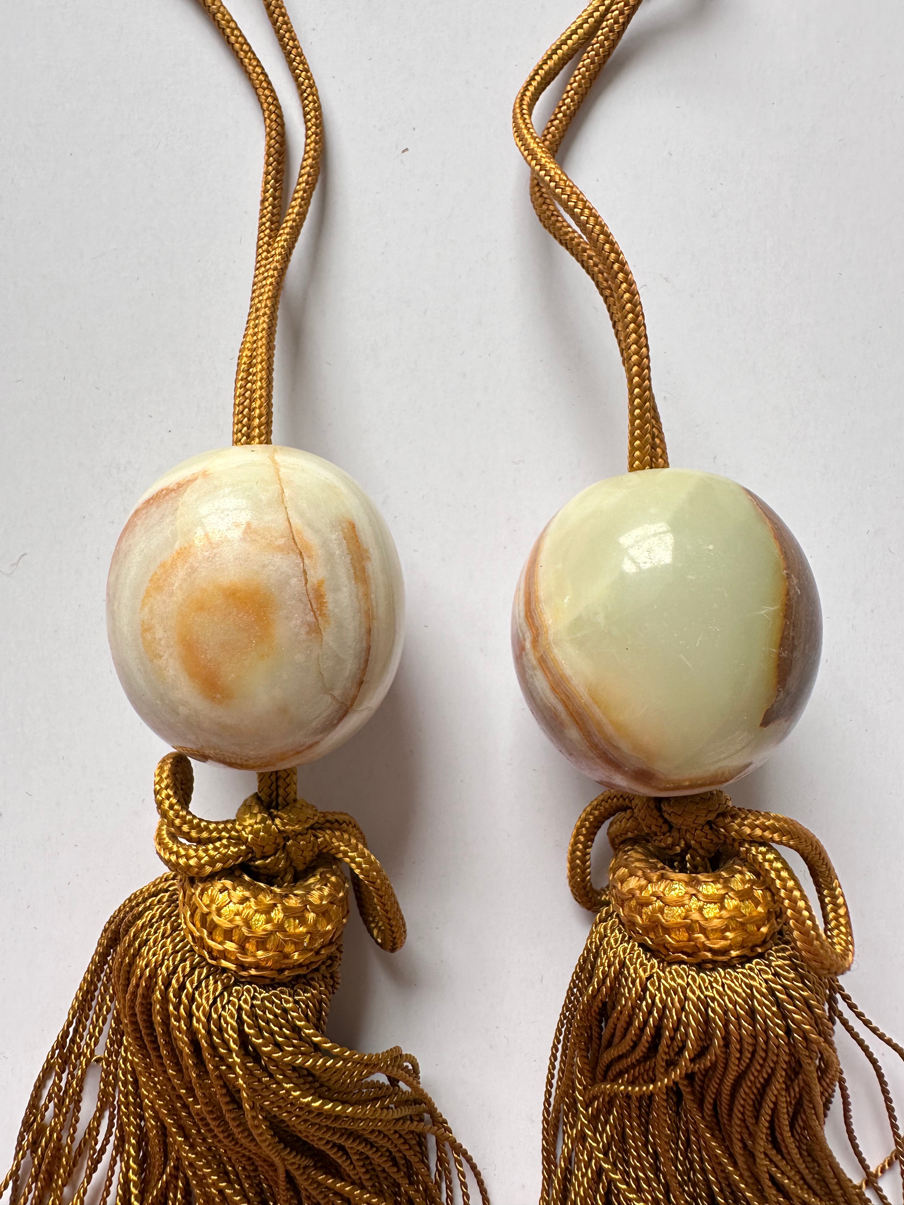 Banded Onyx Fūchin Scroll Weights – Golden Tassels | Japanese Kakemono Hanging Weights (Pair)