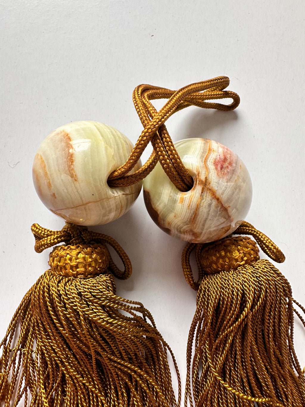 Banded Onyx Fūchin Scroll Weights – Golden Tassels | Japanese Kakemono Hanging Weights (Pair)