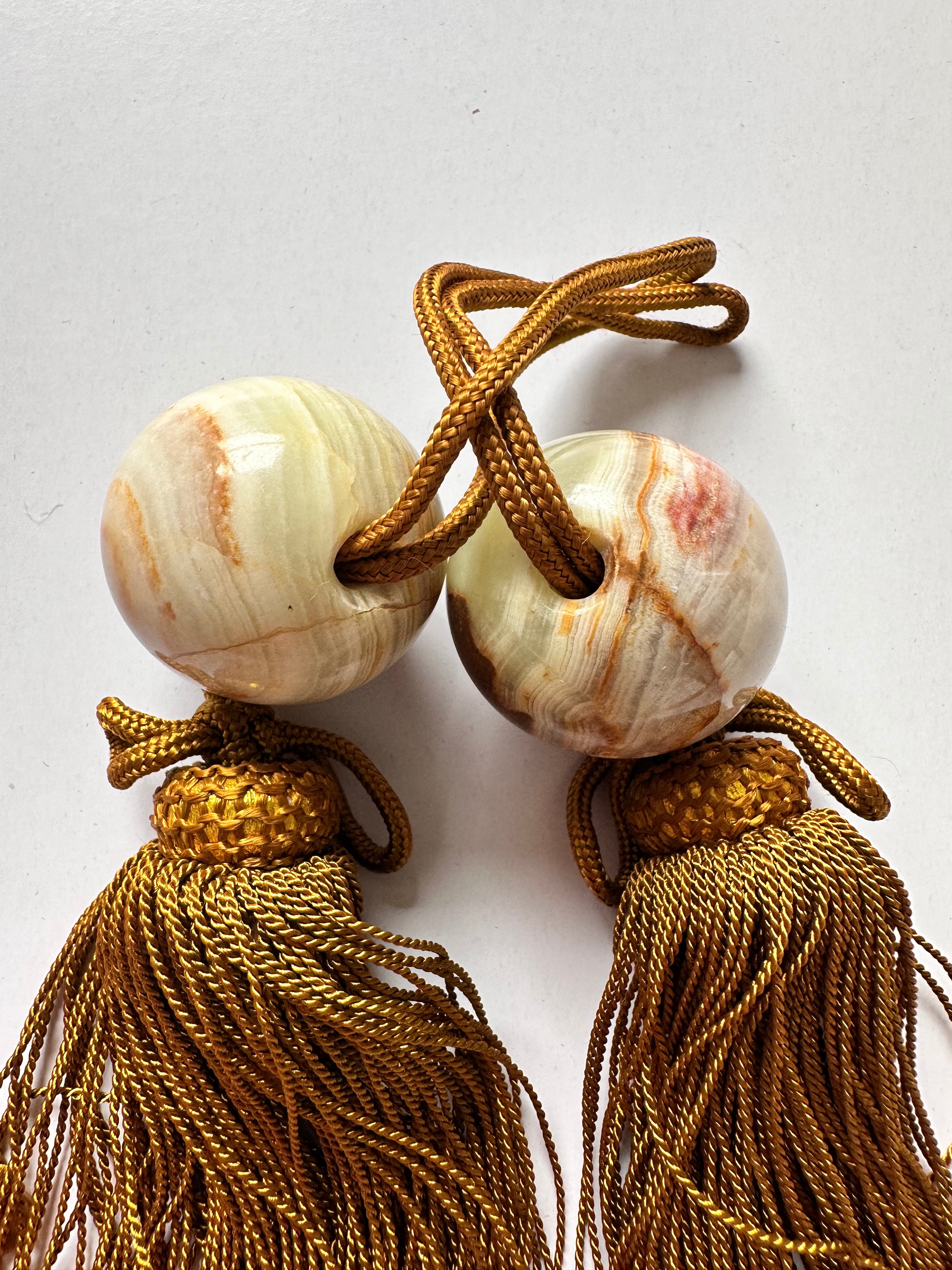 Banded Onyx Fūchin Scroll Weights – Golden Tassels | Japanese Kakemono Hanging Weights (Pair)