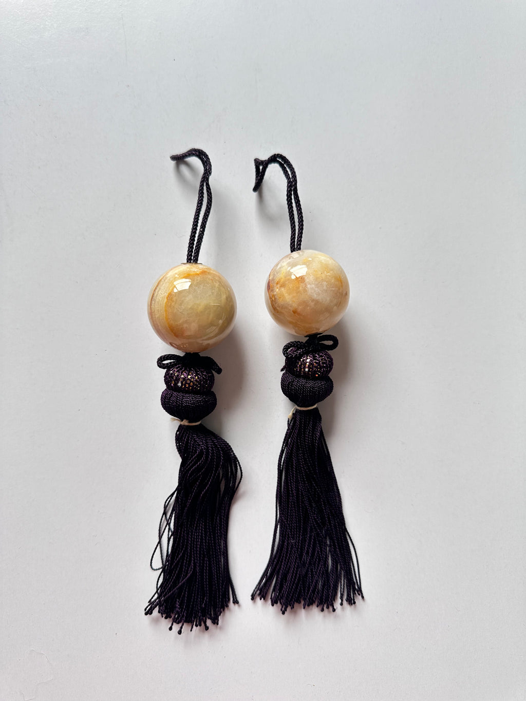 Honey Onyx Fūchin Scroll Weights – Plum Tassels | Japanese Kakemono Hanging Weights (Pair)