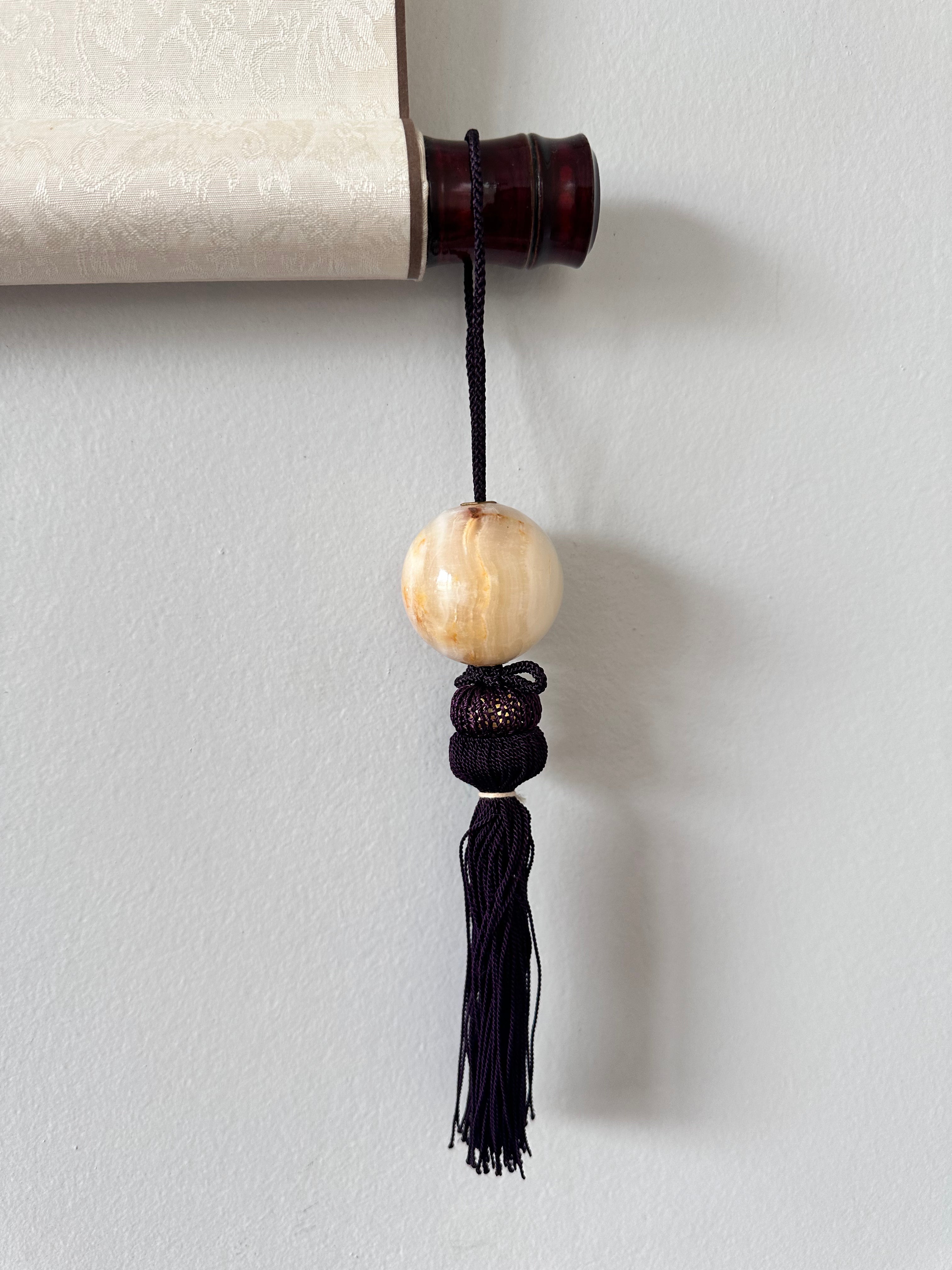 Honey Onyx Fūchin Scroll Weights – Plum Tassels | Japanese Kakemono Hanging Weights (Pair)
