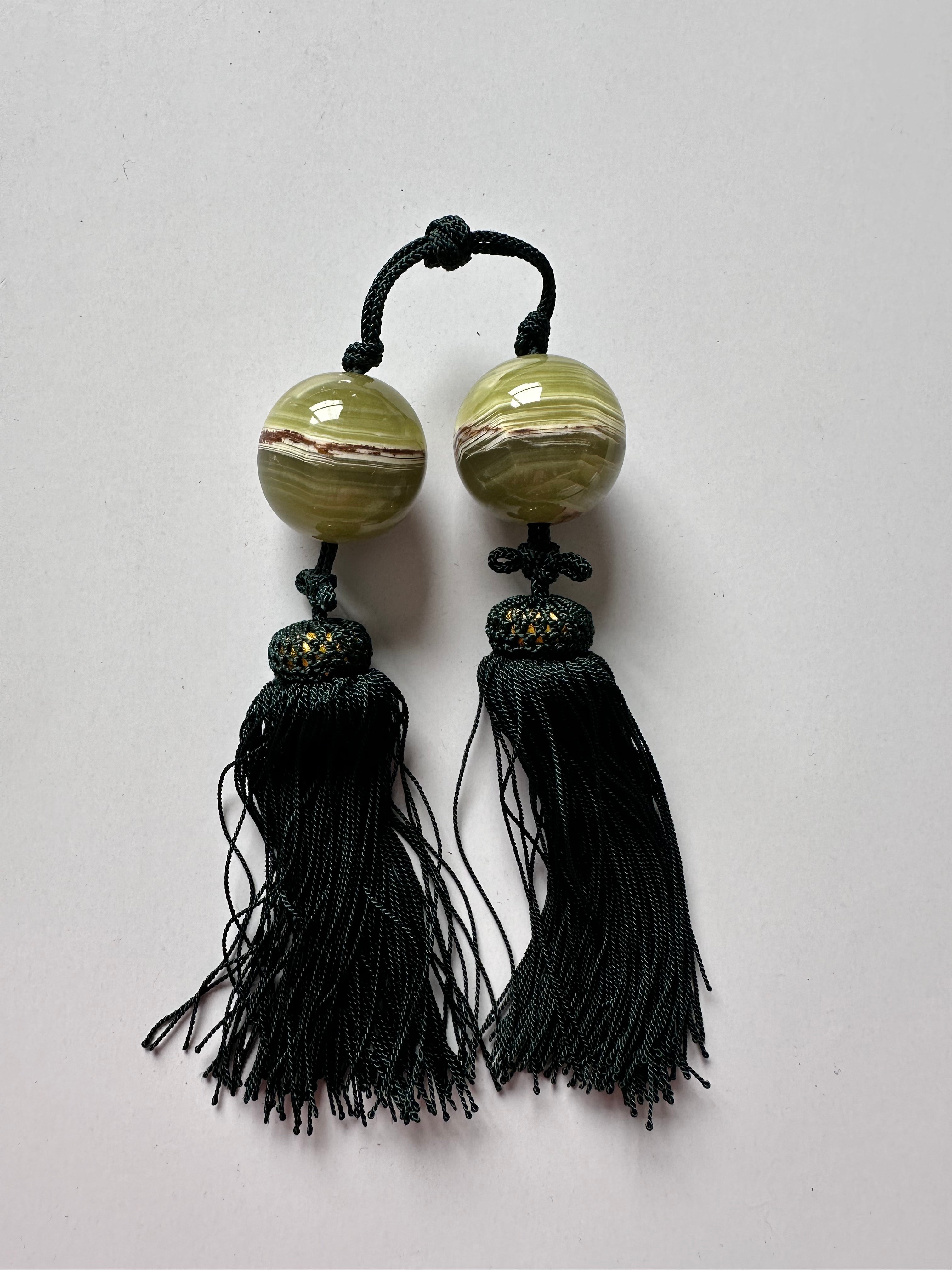 Green Onyx Fūchin Scroll Weights – Forest Green Tassels | Japanese Kakemono Hanging Weights (Pair)