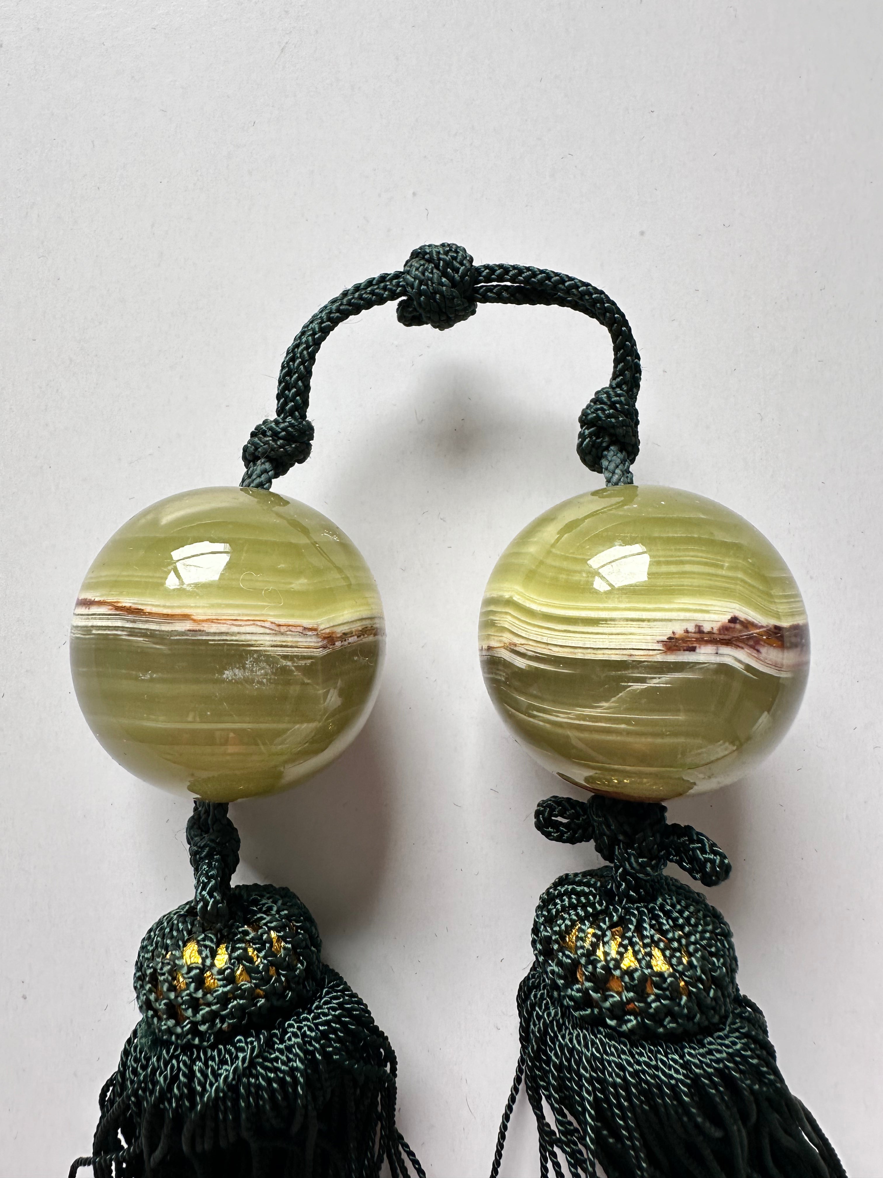Green Onyx Fūchin Scroll Weights – Forest Green Tassels | Japanese Kakemono Hanging Weights (Pair)