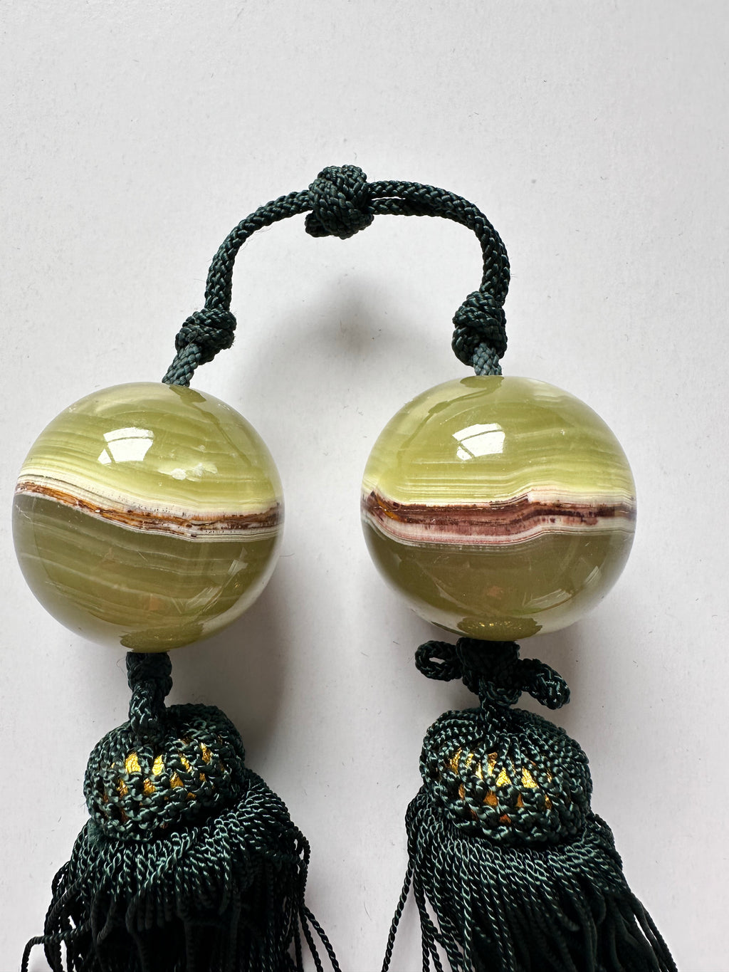 Green Onyx Fūchin Scroll Weights – Forest Green Tassels | Japanese Kakemono Hanging Weights (Pair)