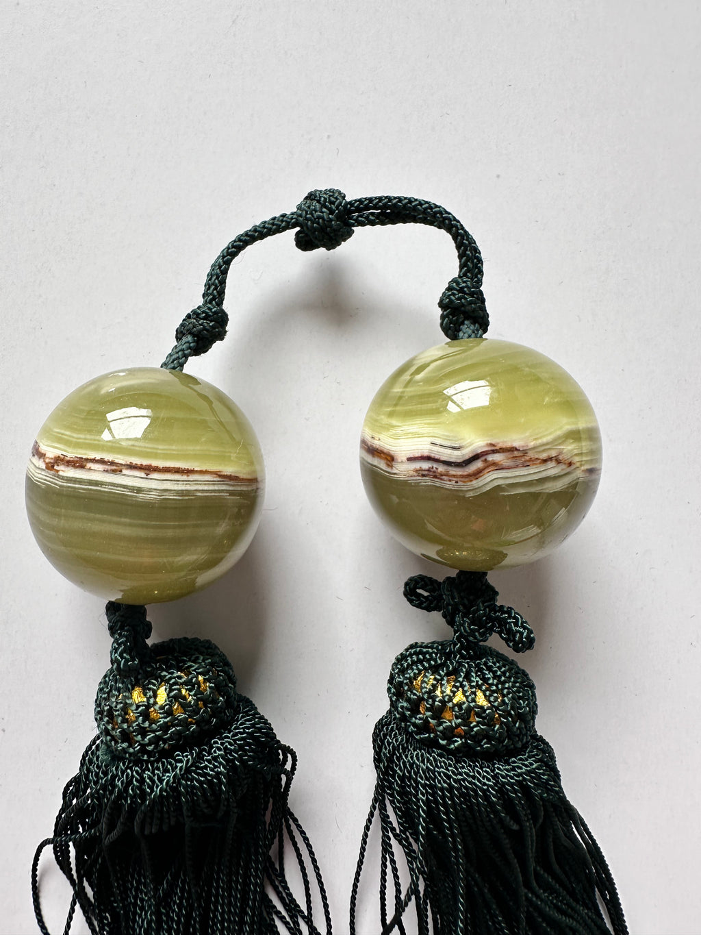 Green Onyx Fūchin Scroll Weights – Forest Green Tassels | Japanese Kakemono Hanging Weights (Pair)