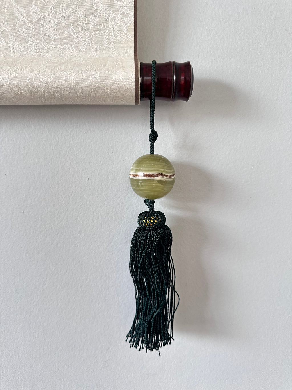 Green Onyx Fūchin Scroll Weights – Forest Green Tassels | Japanese Kakemono Hanging Weights (Pair)