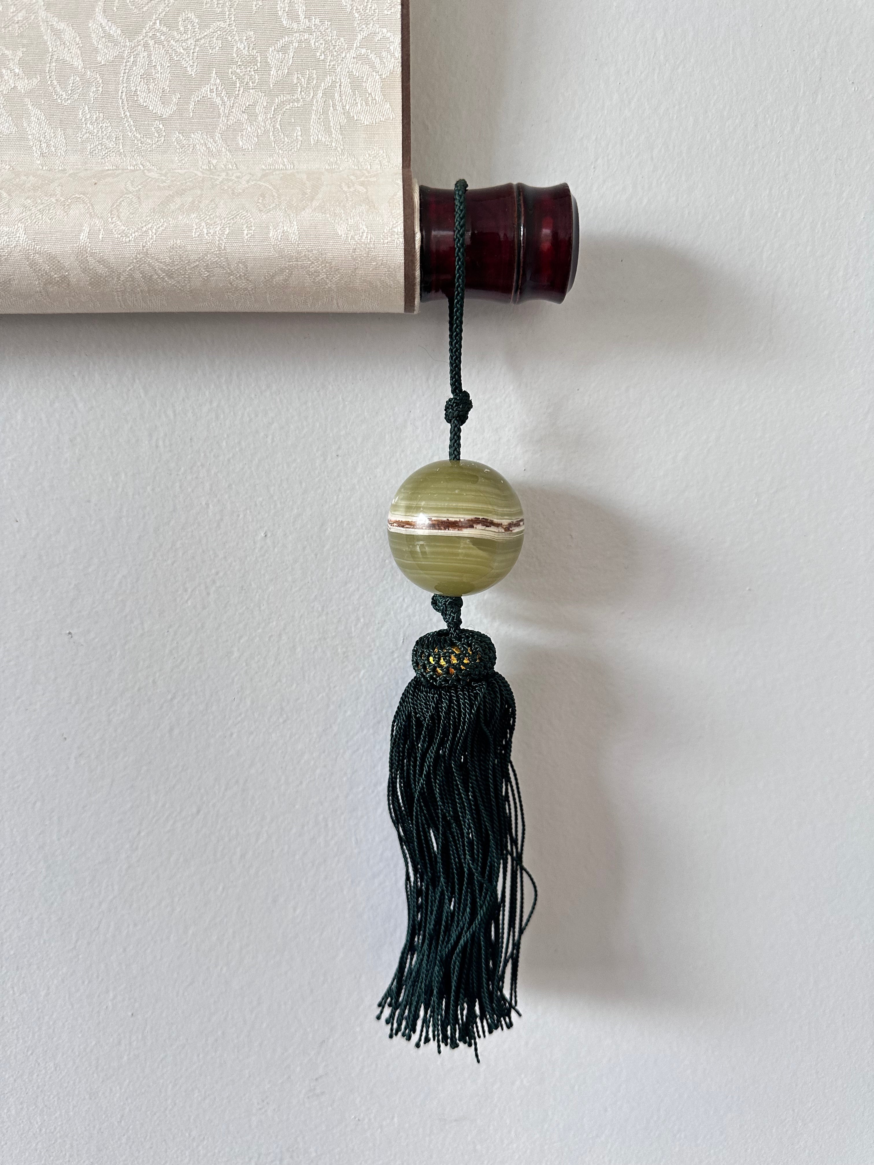 Green Onyx Fūchin Scroll Weights – Forest Green Tassels | Japanese Kakemono Hanging Weights (Pair)