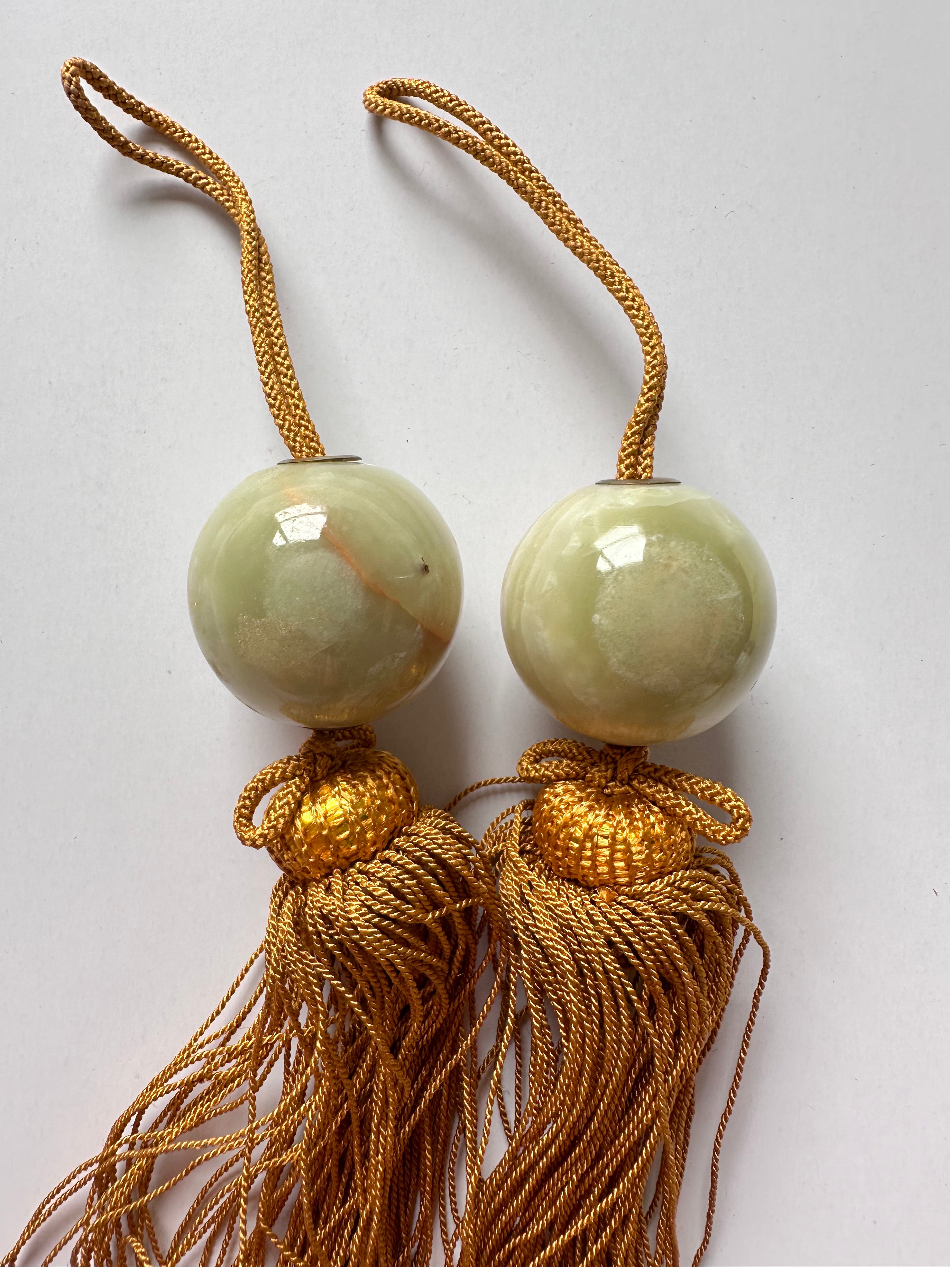Natural Onyx Fūchin Scroll Weights – Golden Tassels | Japanese Kakemono Hanging Weights (Pair)