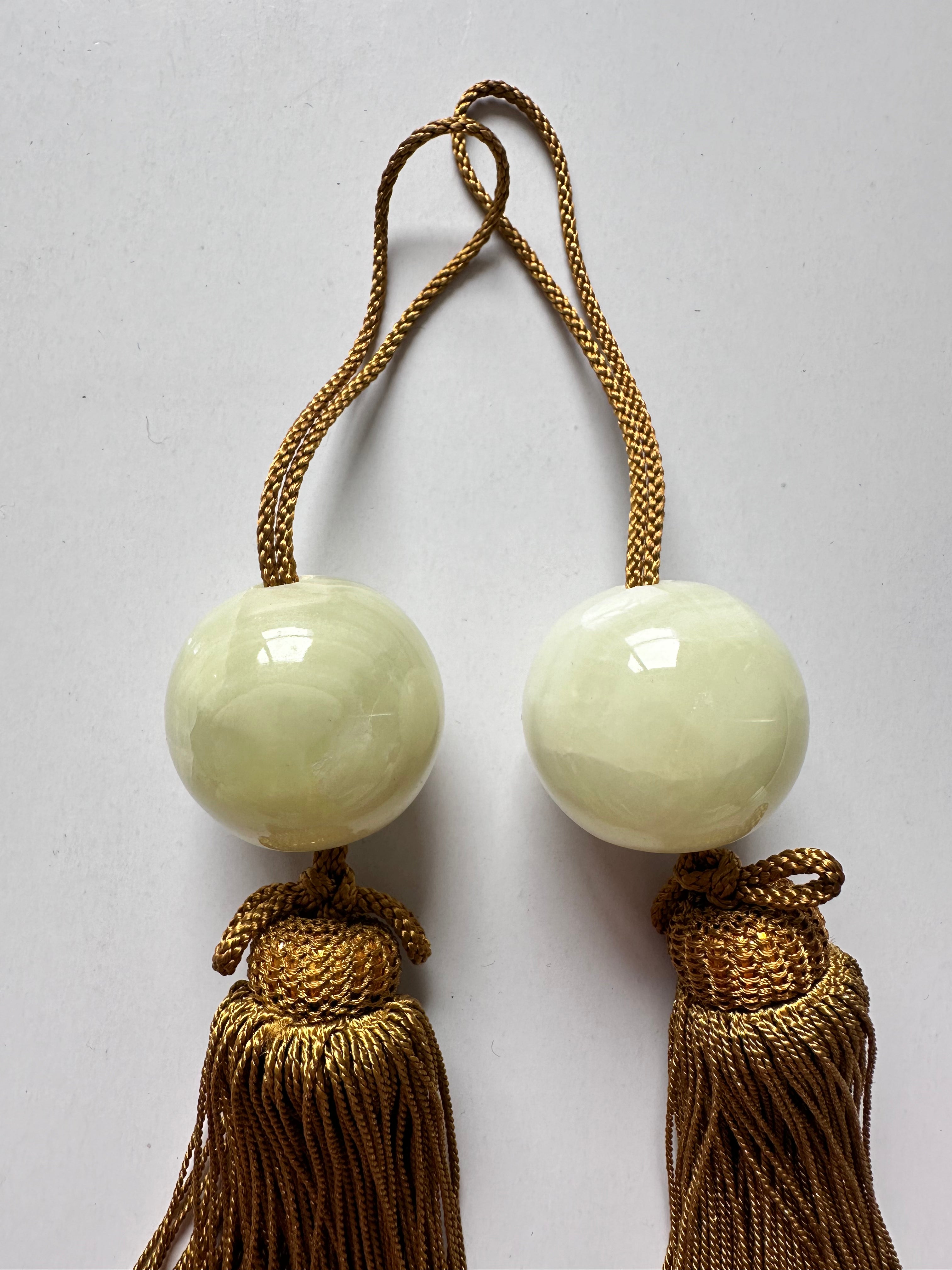 Natural Honey Onyx Japanese Fūchin – Kakemono Scroll Weights with Gold Tassels (Pair)