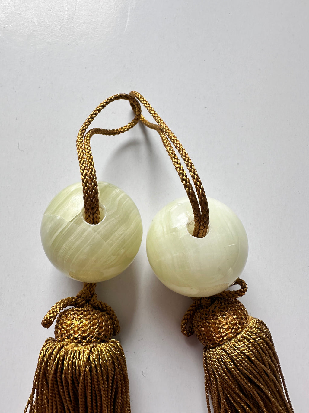Natural Honey Onyx Japanese Fūchin – Kakemono Scroll Weights with Gold Tassels (Pair)