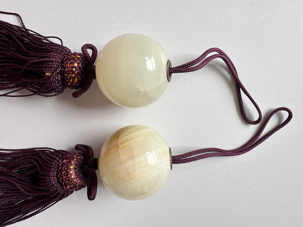 Natural Onyx Fūchin Pair – Japanese Kakemono Scroll Weights with Burgundy Tassels | Handmade Hanging Scroll Accessories