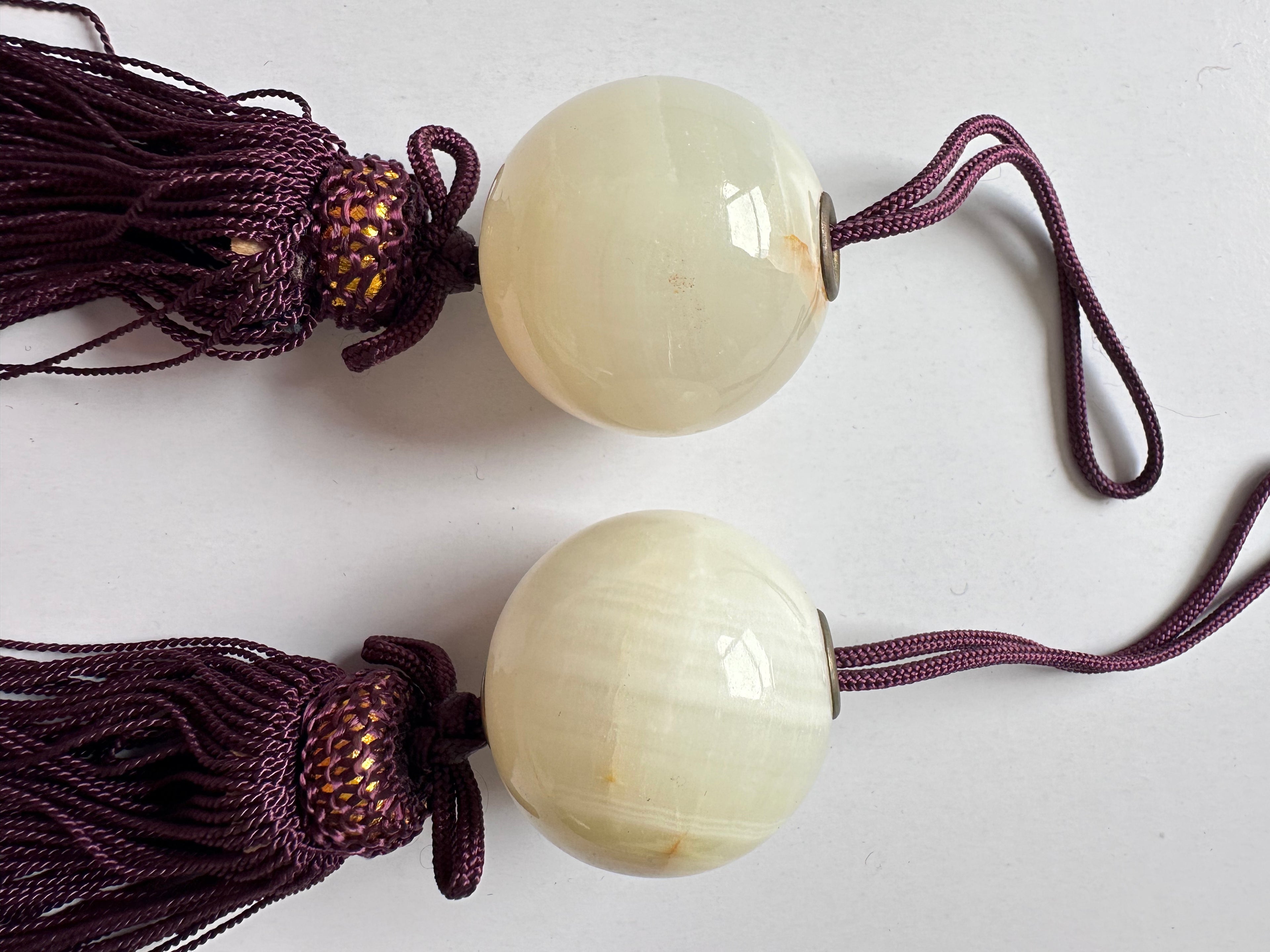 Natural Onyx Fūchin Pair – Japanese Kakemono Scroll Weights with Burgundy Tassels | Handmade Hanging Scroll Accessories