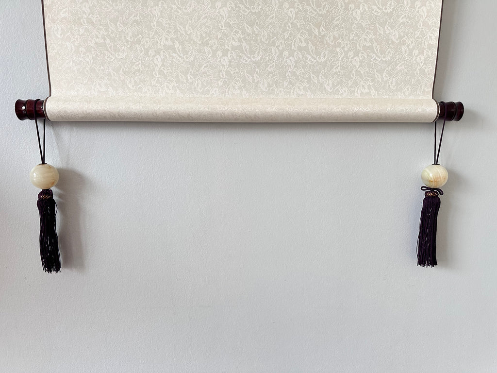 Natural Onyx Fūchin Pair – Japanese Kakemono Scroll Weights with Burgundy Tassels | Handmade Hanging Scroll Accessories