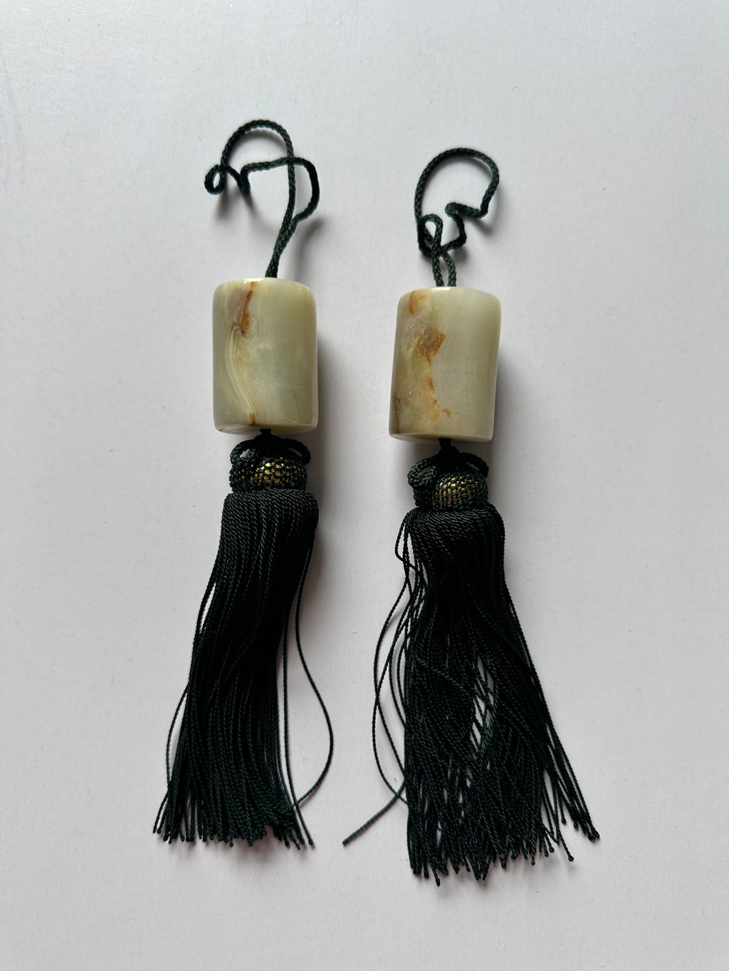 Natural Stone Fūchin Scroll Weights – Green Cord Tassels | Japanese Kakemono Hanging Weights (Pair)