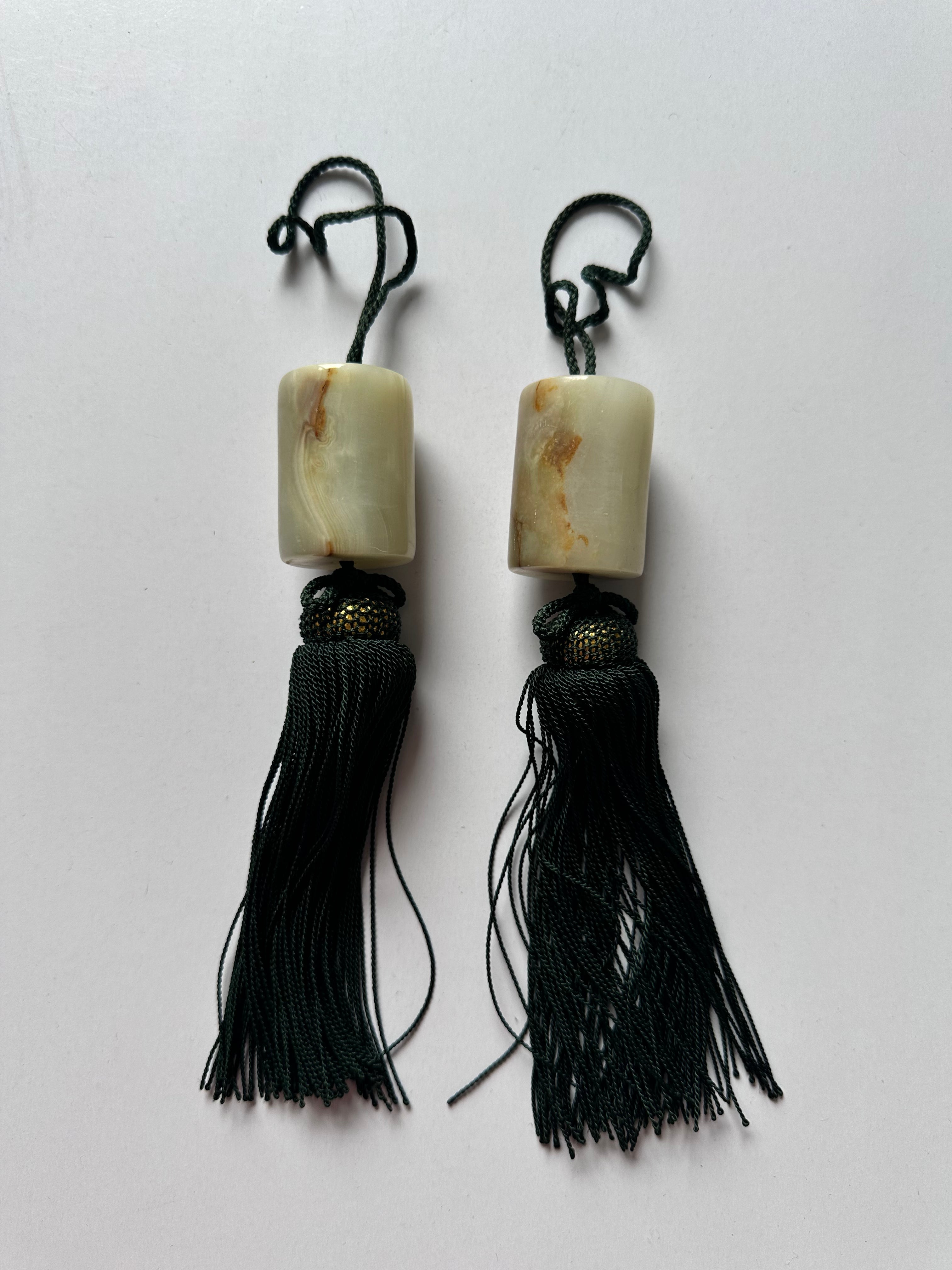 Natural Stone Fūchin Scroll Weights – Green Cord Tassels | Japanese Kakemono Hanging Weights (Pair)