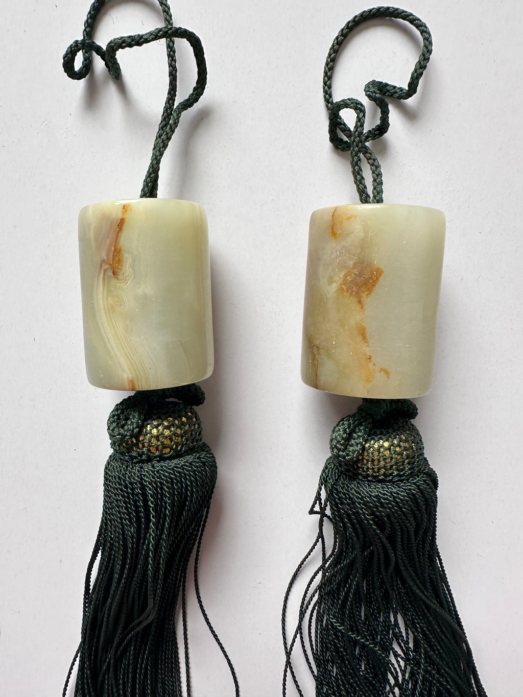 Natural Stone Fūchin Scroll Weights – Green Cord Tassels | Japanese Kakemono Hanging Weights (Pair)