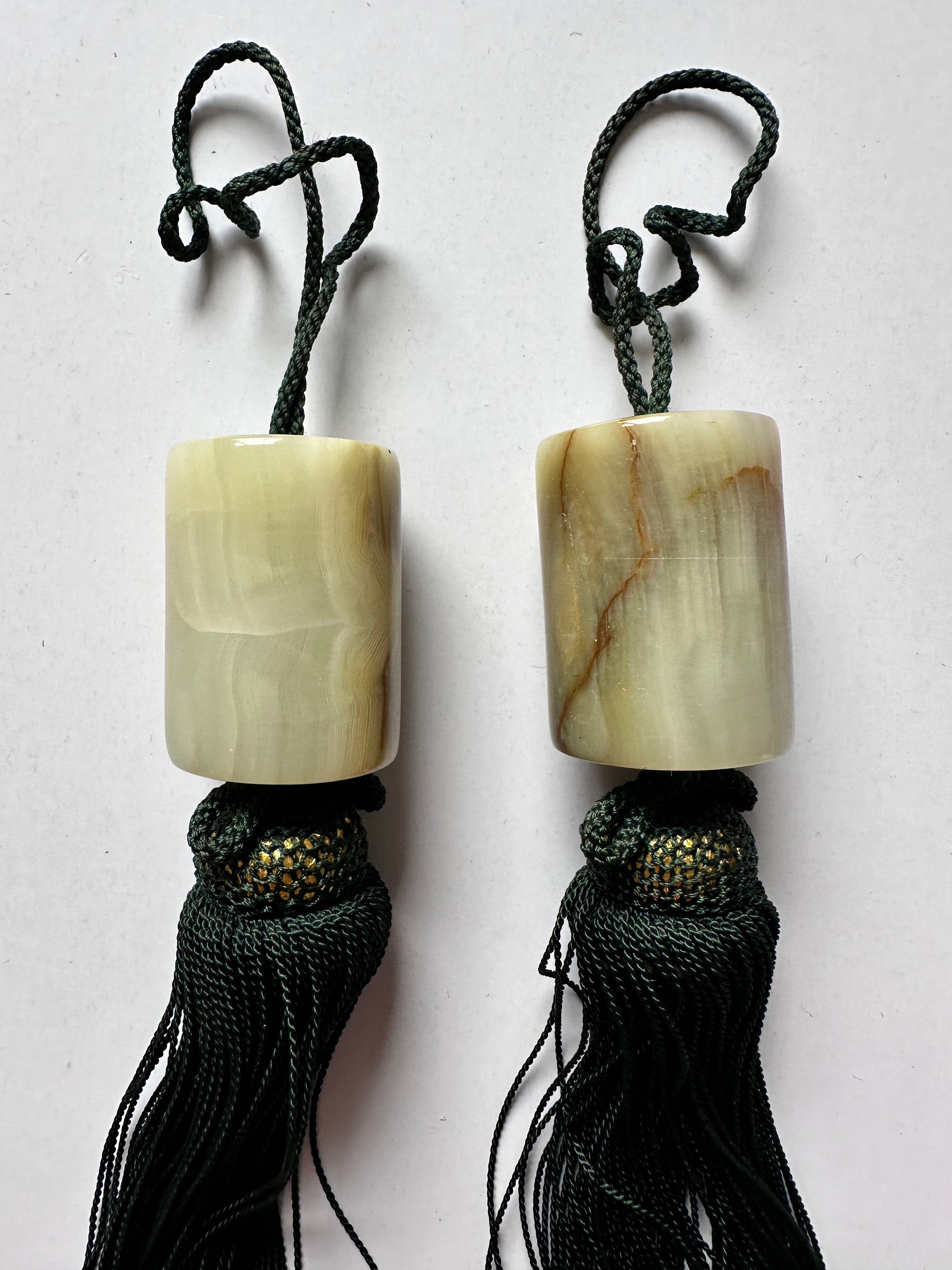 Natural Stone Fūchin Scroll Weights – Green Cord Tassels | Japanese Kakemono Hanging Weights (Pair)