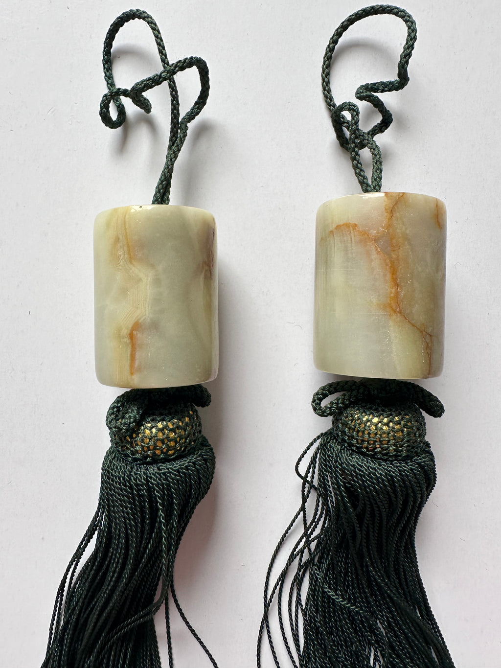 Natural Stone Fūchin Scroll Weights – Green Cord Tassels | Japanese Kakemono Hanging Weights (Pair)