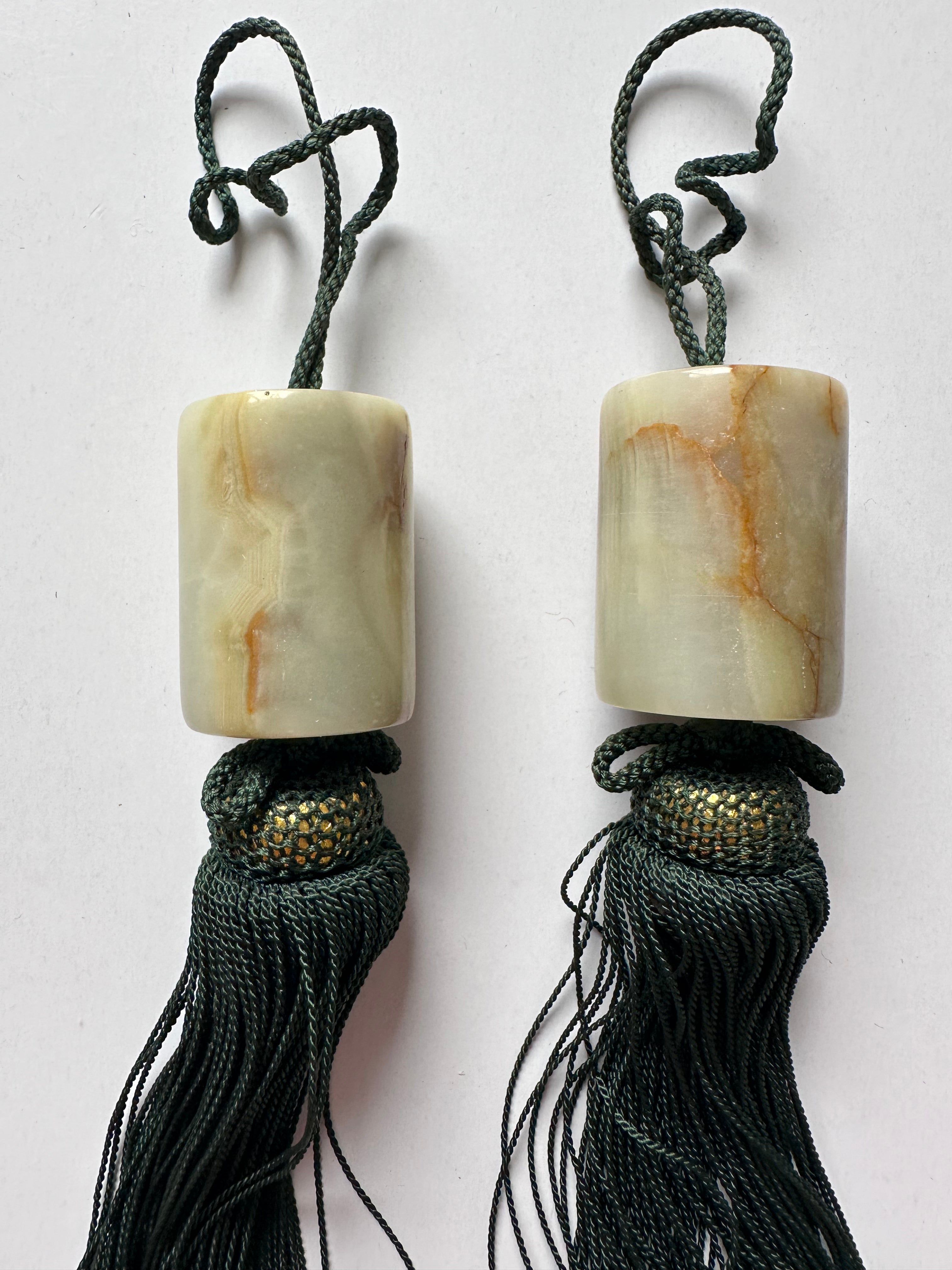 Natural Stone Fūchin Scroll Weights – Green Cord Tassels | Japanese Kakemono Hanging Weights (Pair)