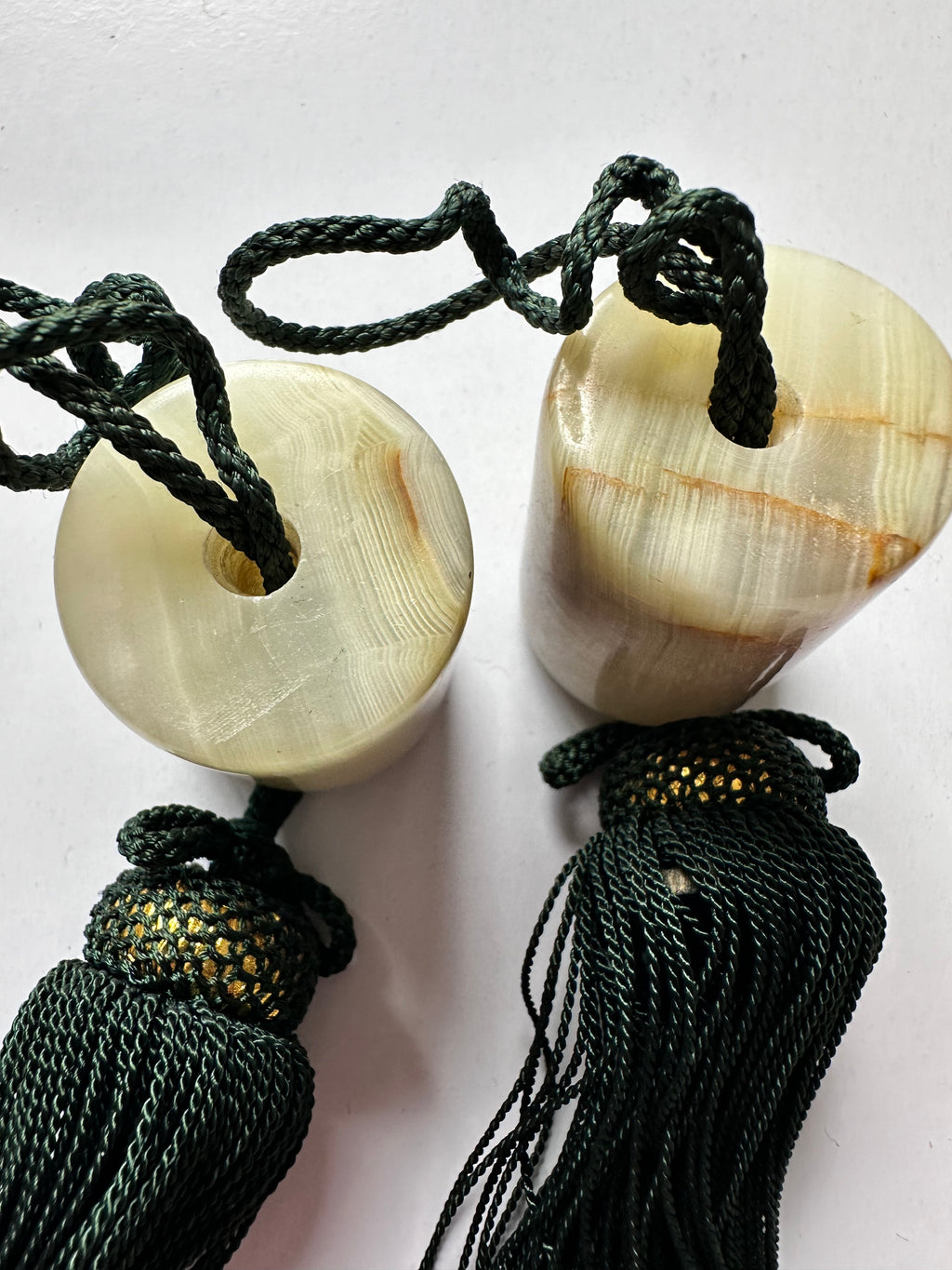 Natural Stone Fūchin Scroll Weights – Green Cord Tassels | Japanese Kakemono Hanging Weights (Pair)