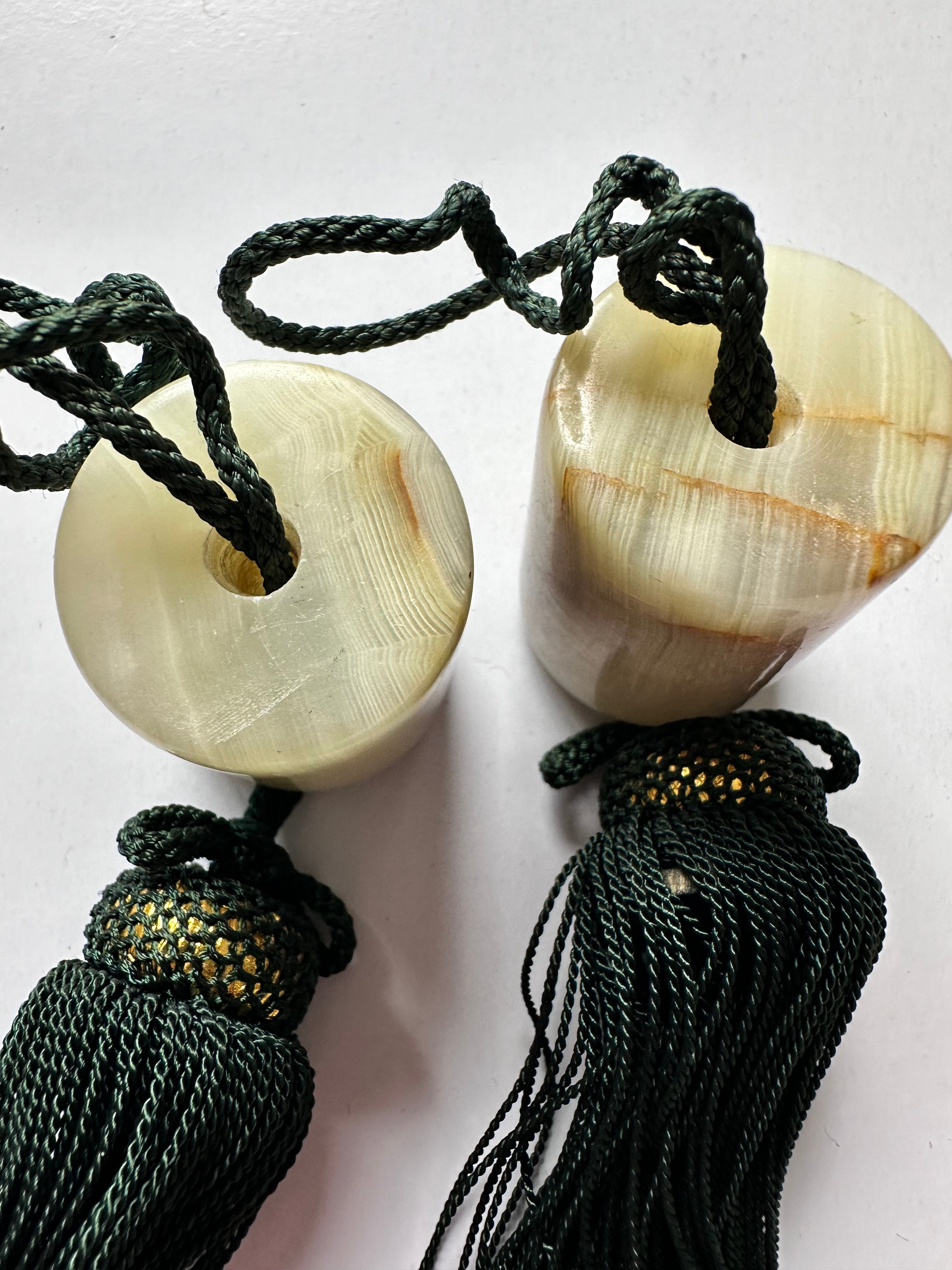 Natural Stone Fūchin Scroll Weights – Green Cord Tassels | Japanese Kakemono Hanging Weights (Pair)
