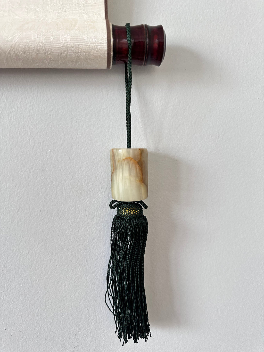 Natural Stone Fūchin Scroll Weights – Green Cord Tassels | Japanese Kakemono Hanging Weights (Pair)